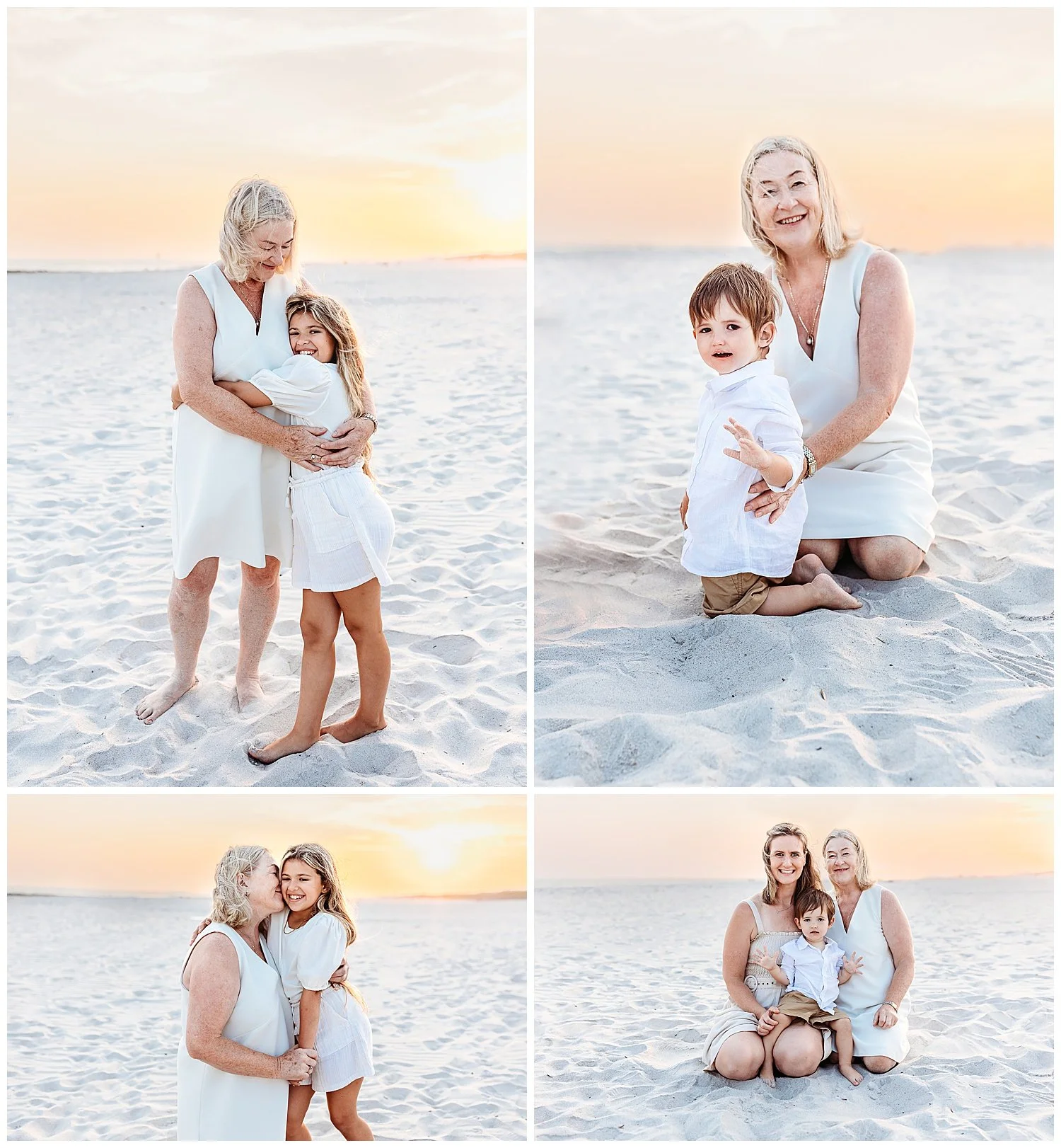 grandmother with grandchildren on the beach at sunset looking at them and smiling tan and white outfits golden sunset