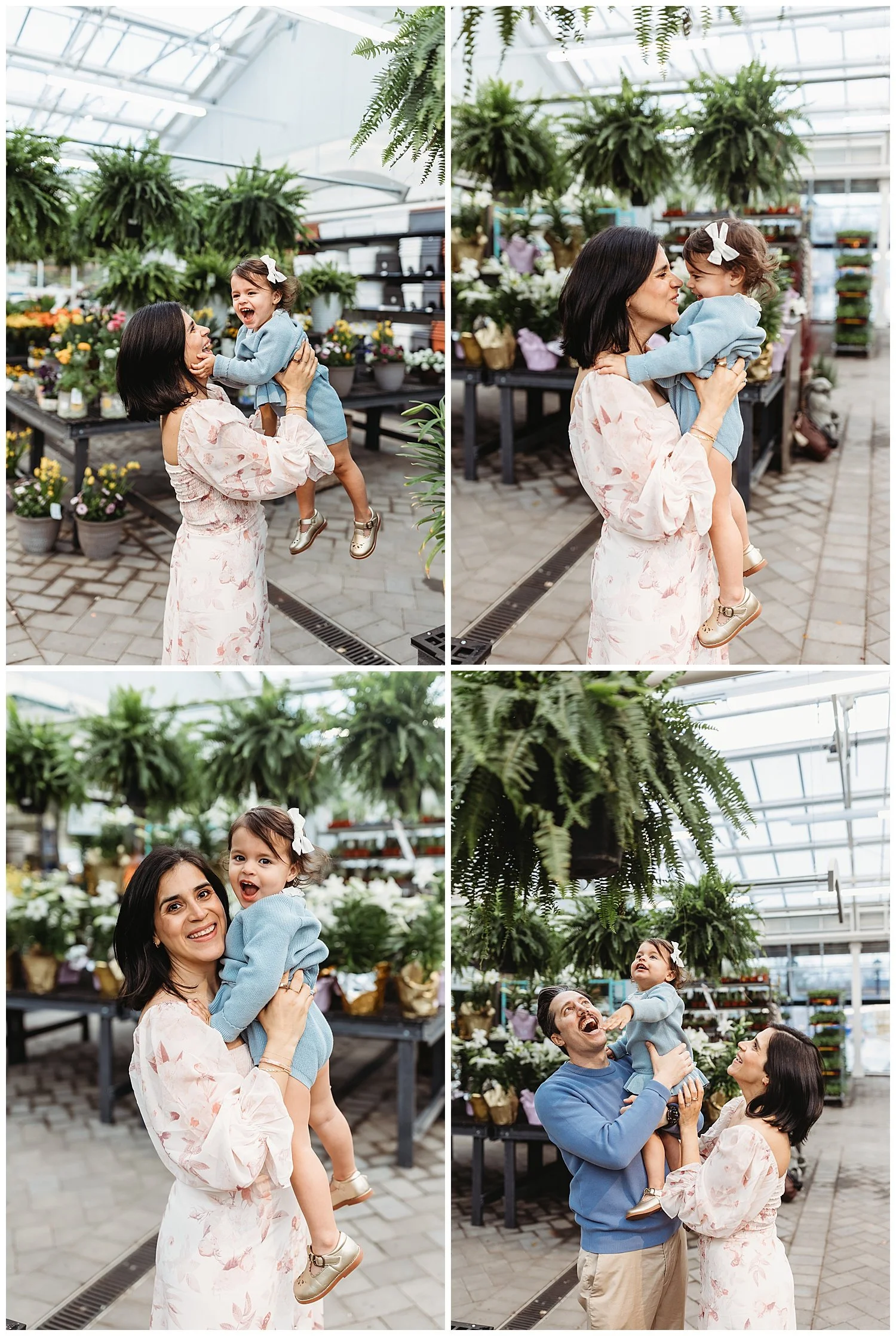 mother in pink floral two piece skirt set holding toddler daughter in the air in a greenhouse surrpunded by green plants and florals baby girl is laughing