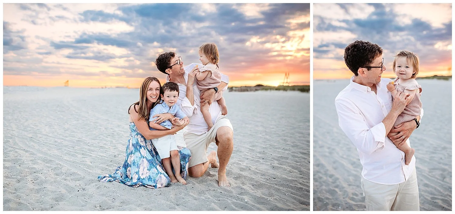 family embraced on the sand laughing sky is glowing purple orange and blue from sunset