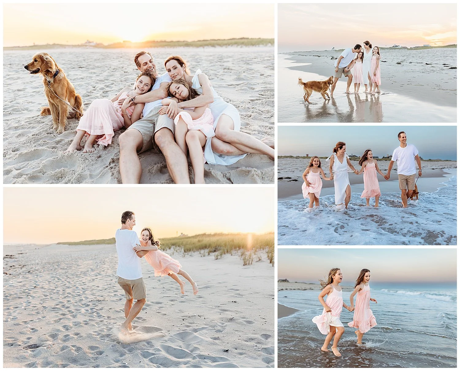 family laying on the sand at the beach sunset laughing golden retriever they are jumping in waves and kissing in the ocean