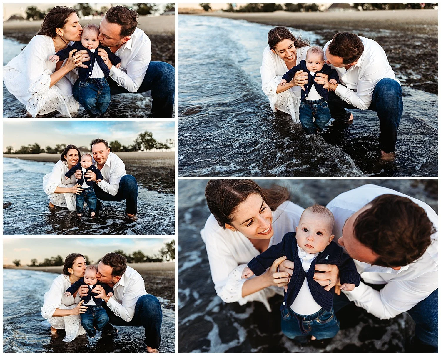 Family walking hand in hand on Ponte Vedra Beach with baby during sunrise session