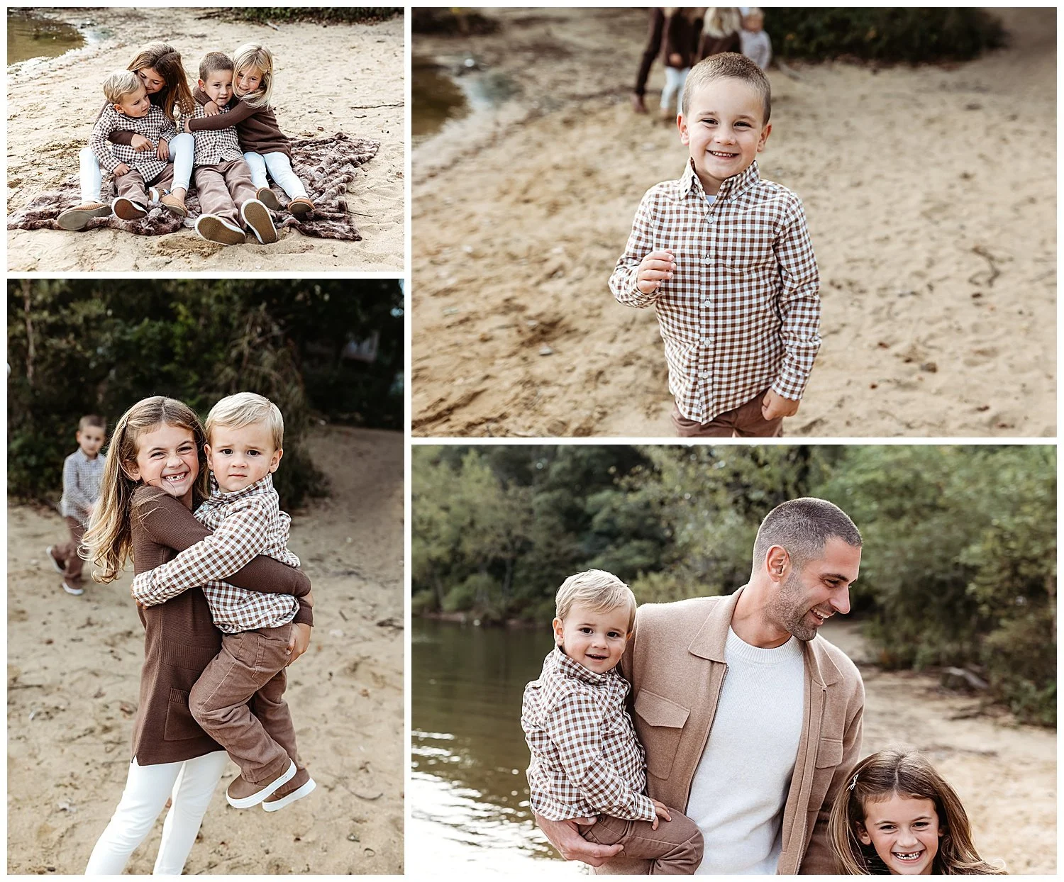 Older sister holding her younger brother beside trees and a sandy path.