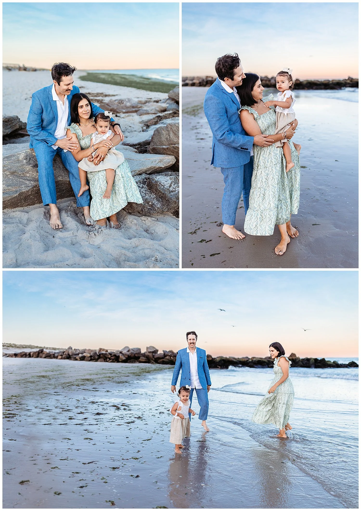 family seated on the jetty at sunset embraced with toddler girl on lap