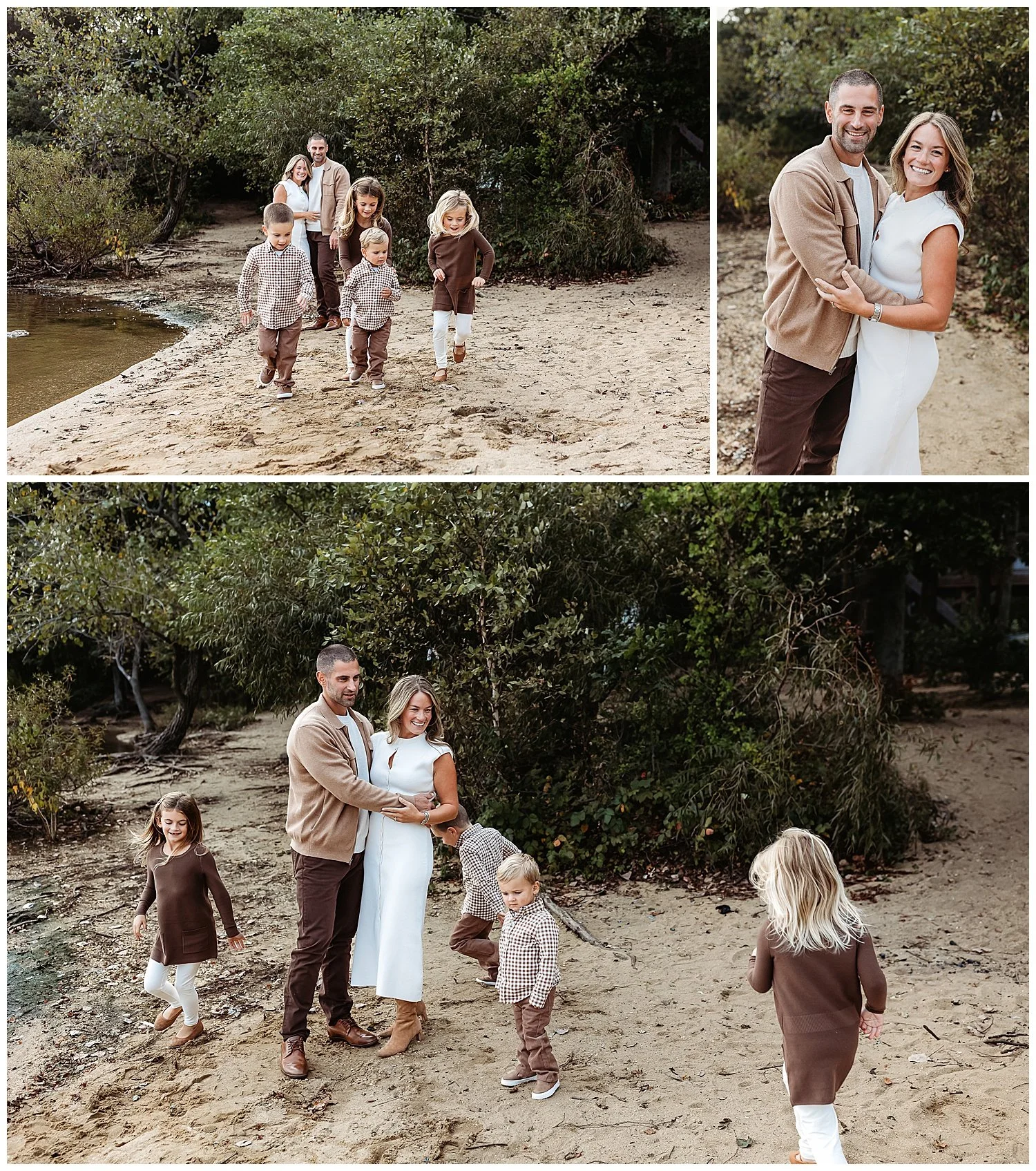 Children walking toward their parents beside the water.