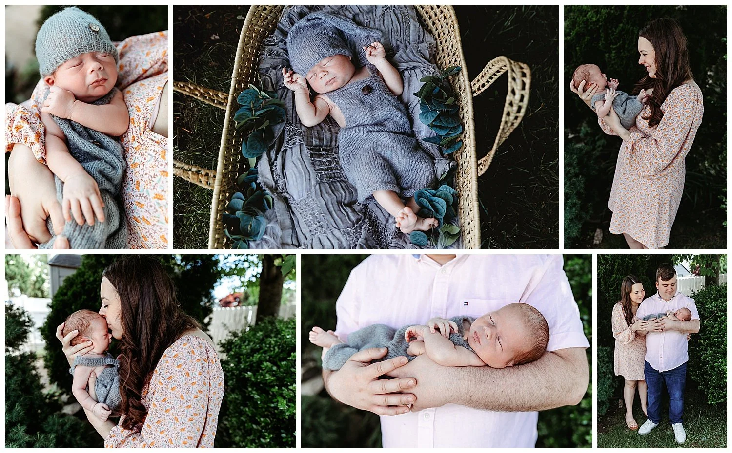 close up pf baby boy in dad's arms and mom kissing baby boy in grey romper outside in garden