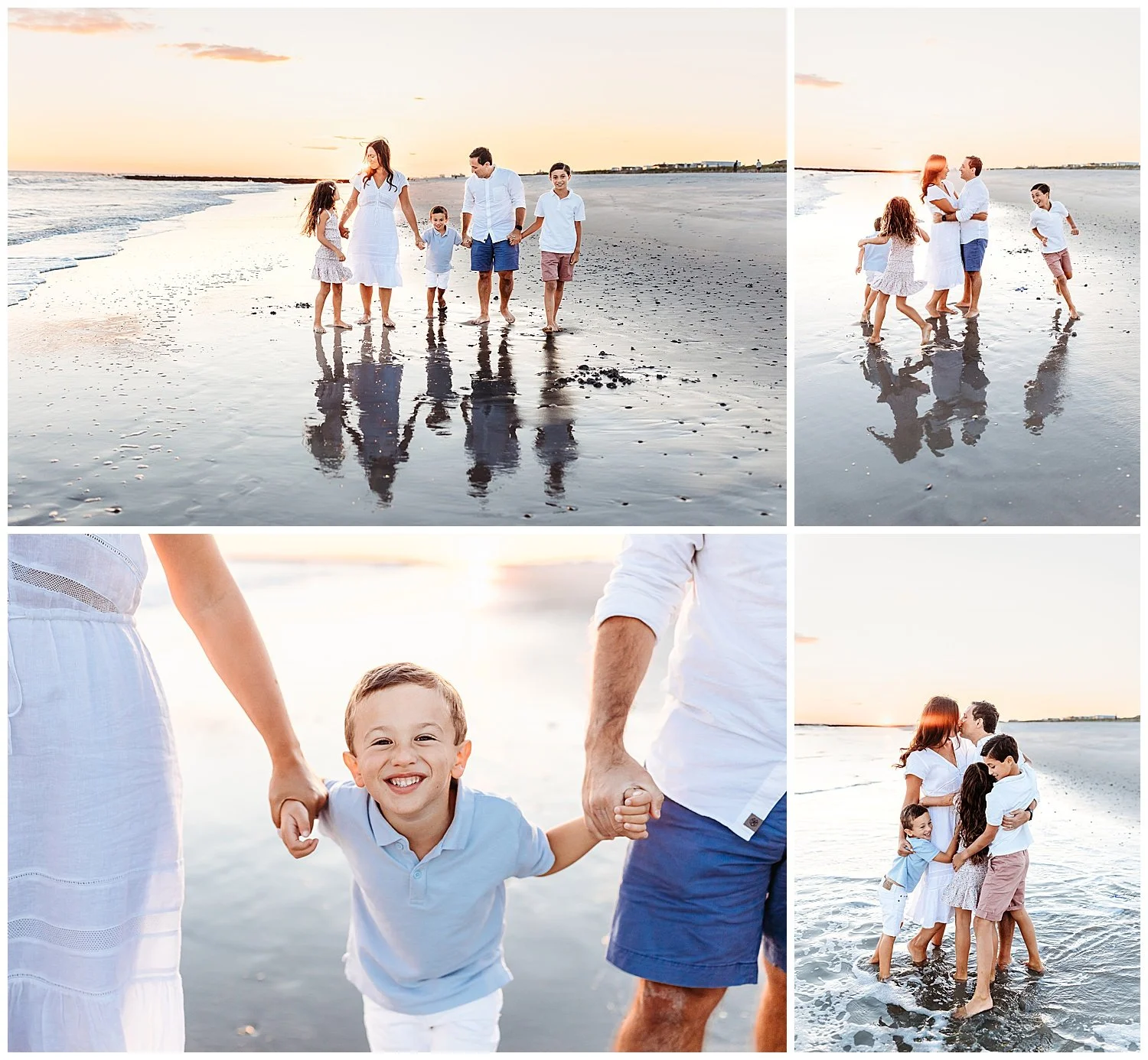 family walking down the beach at shore water from ocean on sand reflections holding hands golden sunset kids running in circles around parents and laughing parents kissing