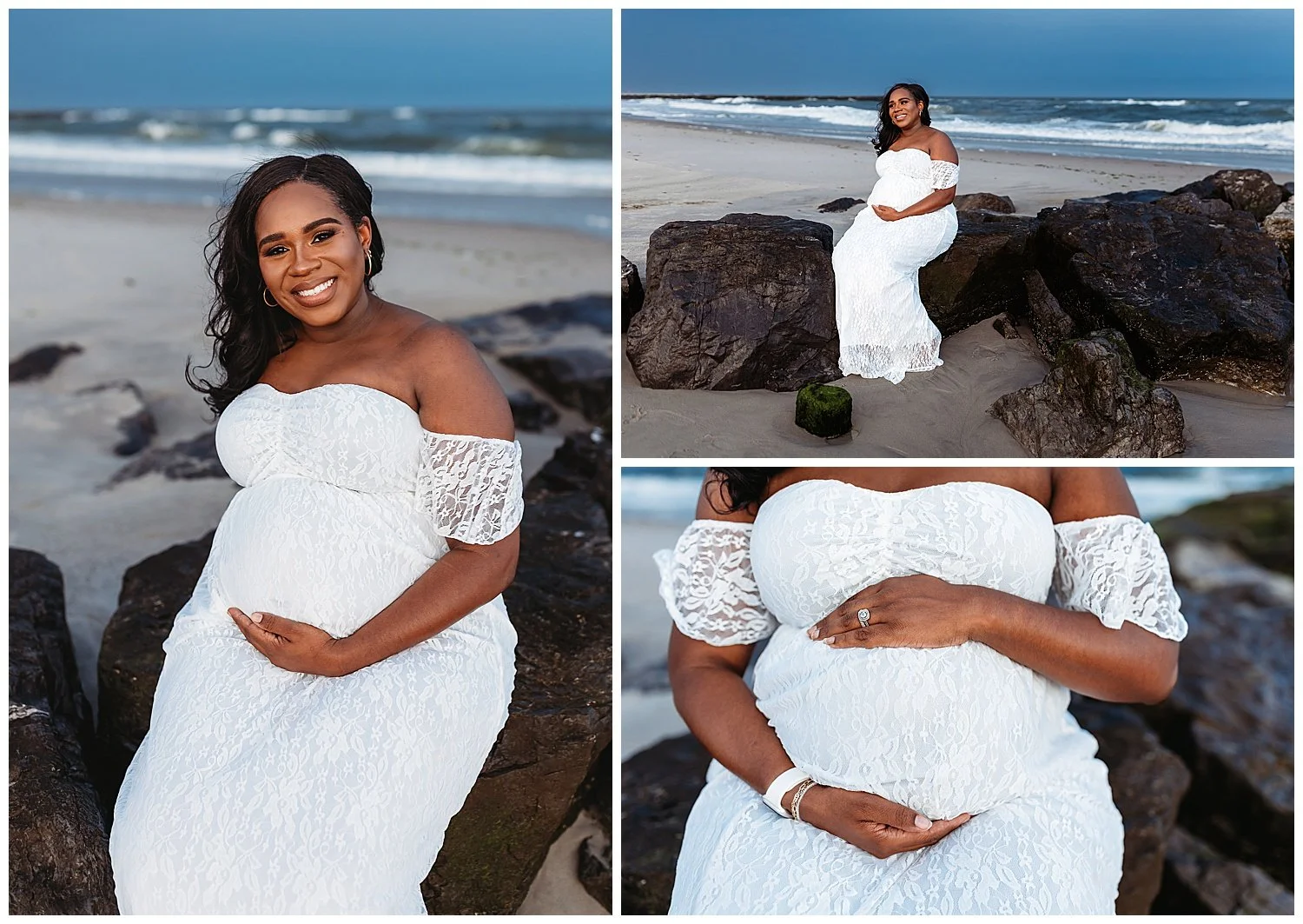 pregnant woman in white lace gown seated on a jetty holding belly
