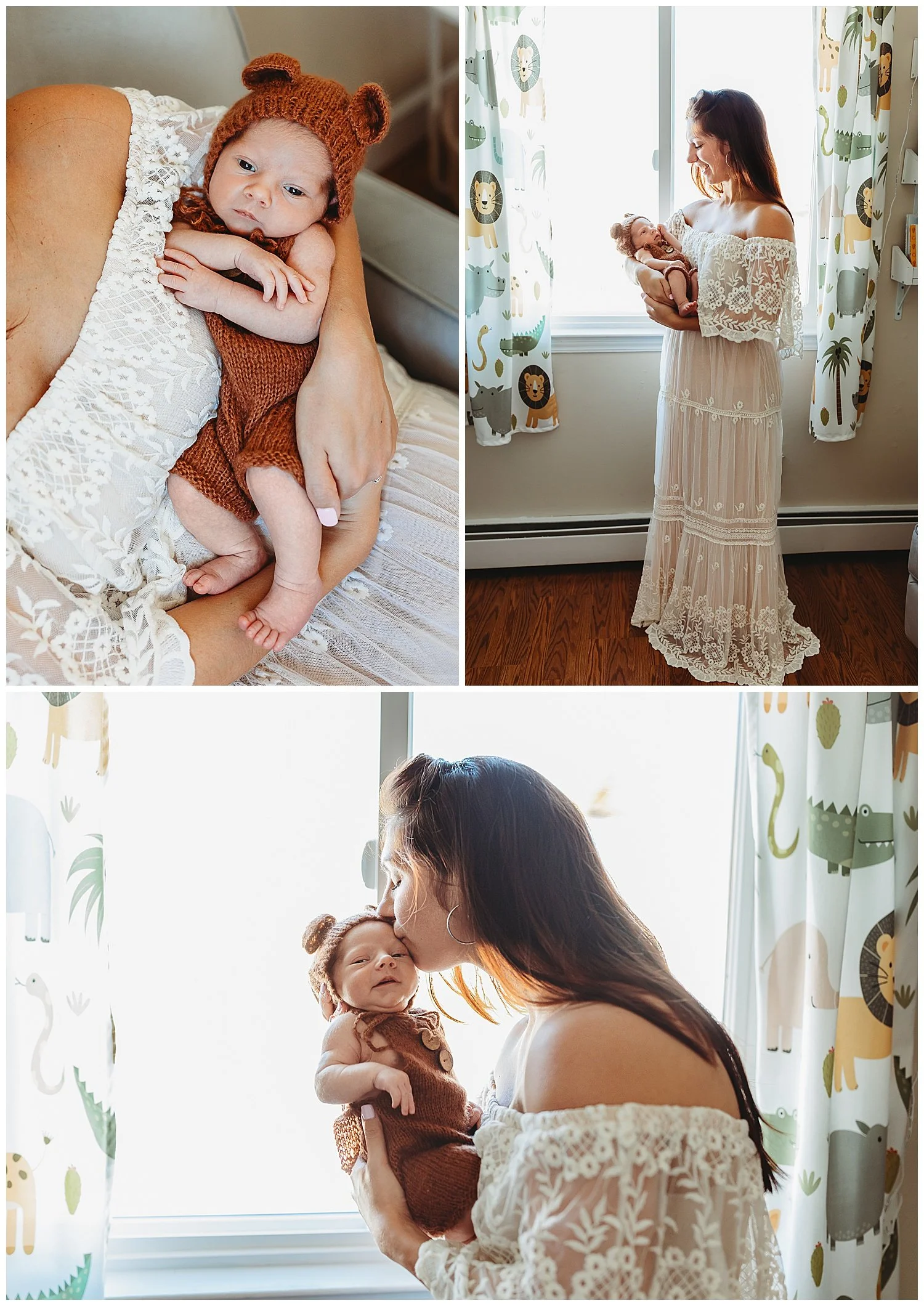 close up of baby in brown knit outfit and mom in lace maxi dress in a nursery with jungle theme decor