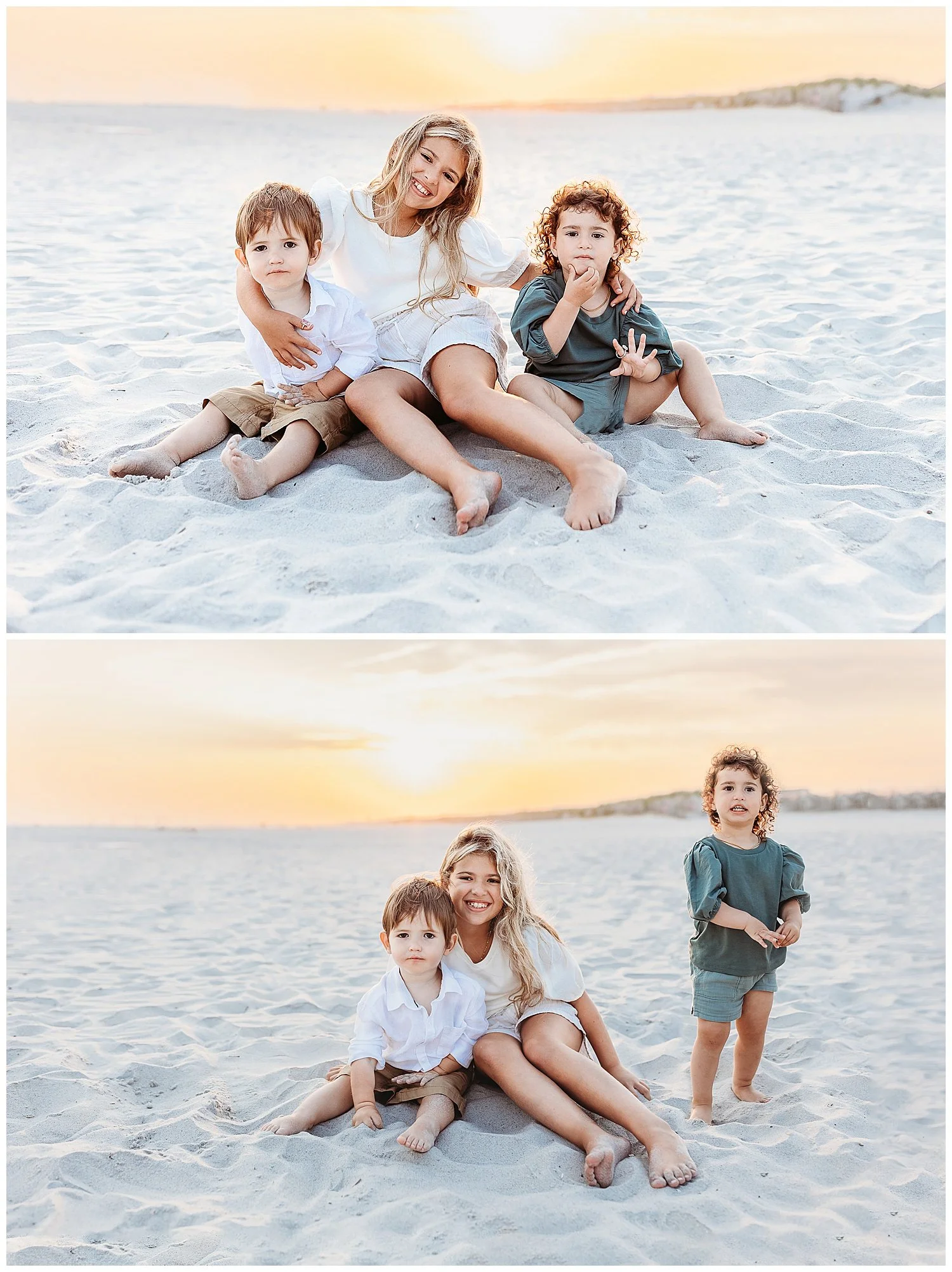 cousins portrait on the beach at sunset sitting on sand golden glow of sunset