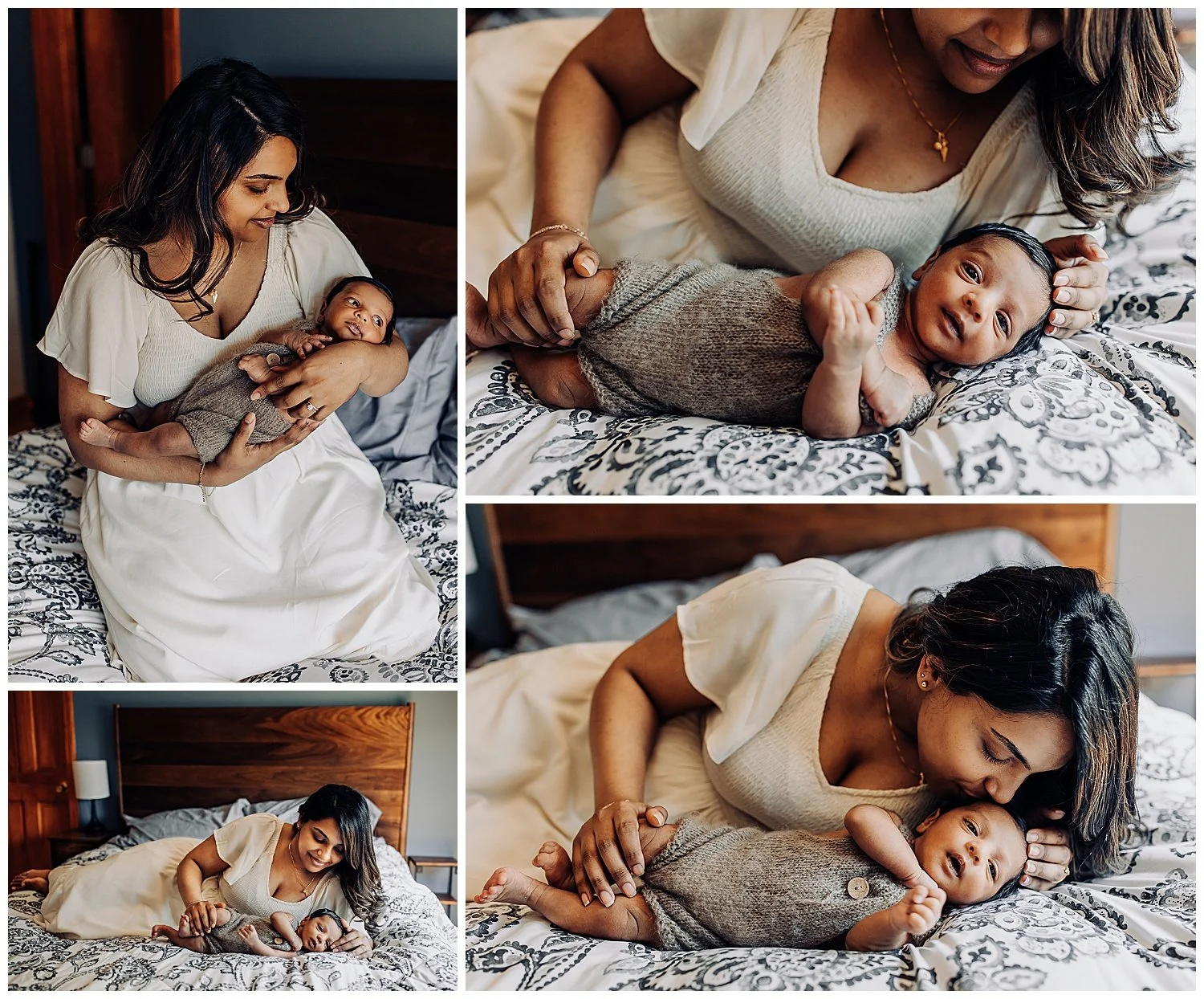 mother laying on a bed next to baby boy in a brown knit romper and he is looking at the camera