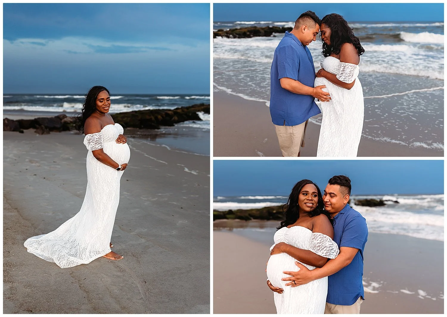 couple embraced and looking at woman's pregnant belly on the beach ocean waves lace gown
