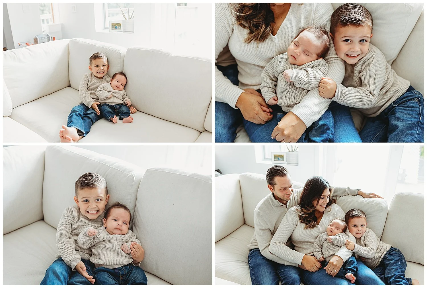 toddler boy in tan chunky sweater with jeans hugging newborn brother in mom's arms while seated on a couch