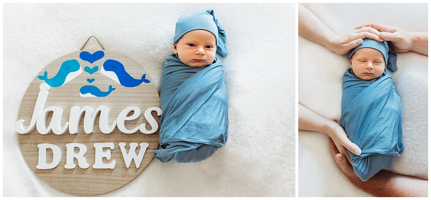 artistic image of a newborn baby swaddled in a blue blanket and parents holding him with a sign from Etsy