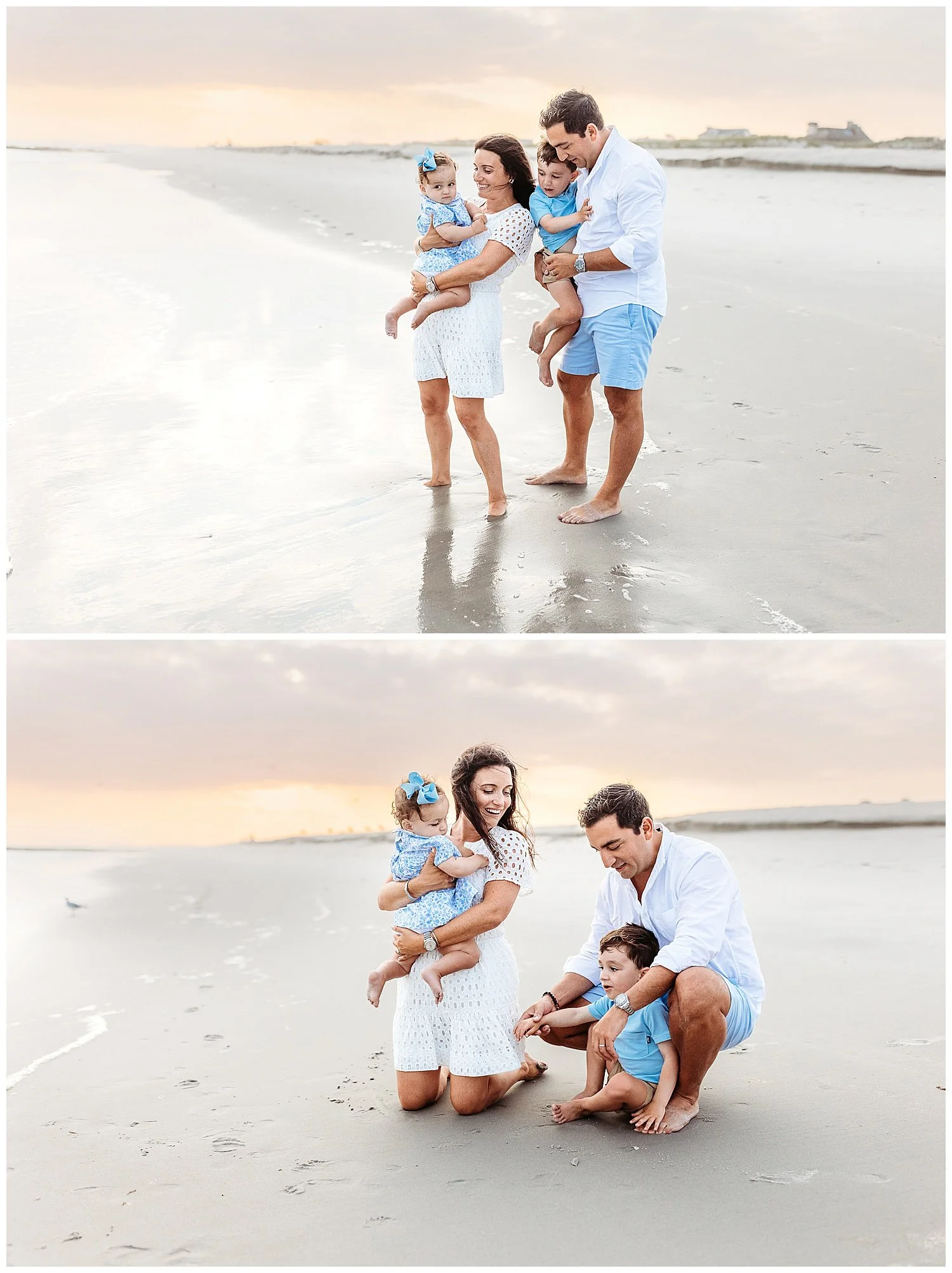 family in white blue on snad by ocean sure at sunset with pink and purple sunset sky embraced looking at ocean