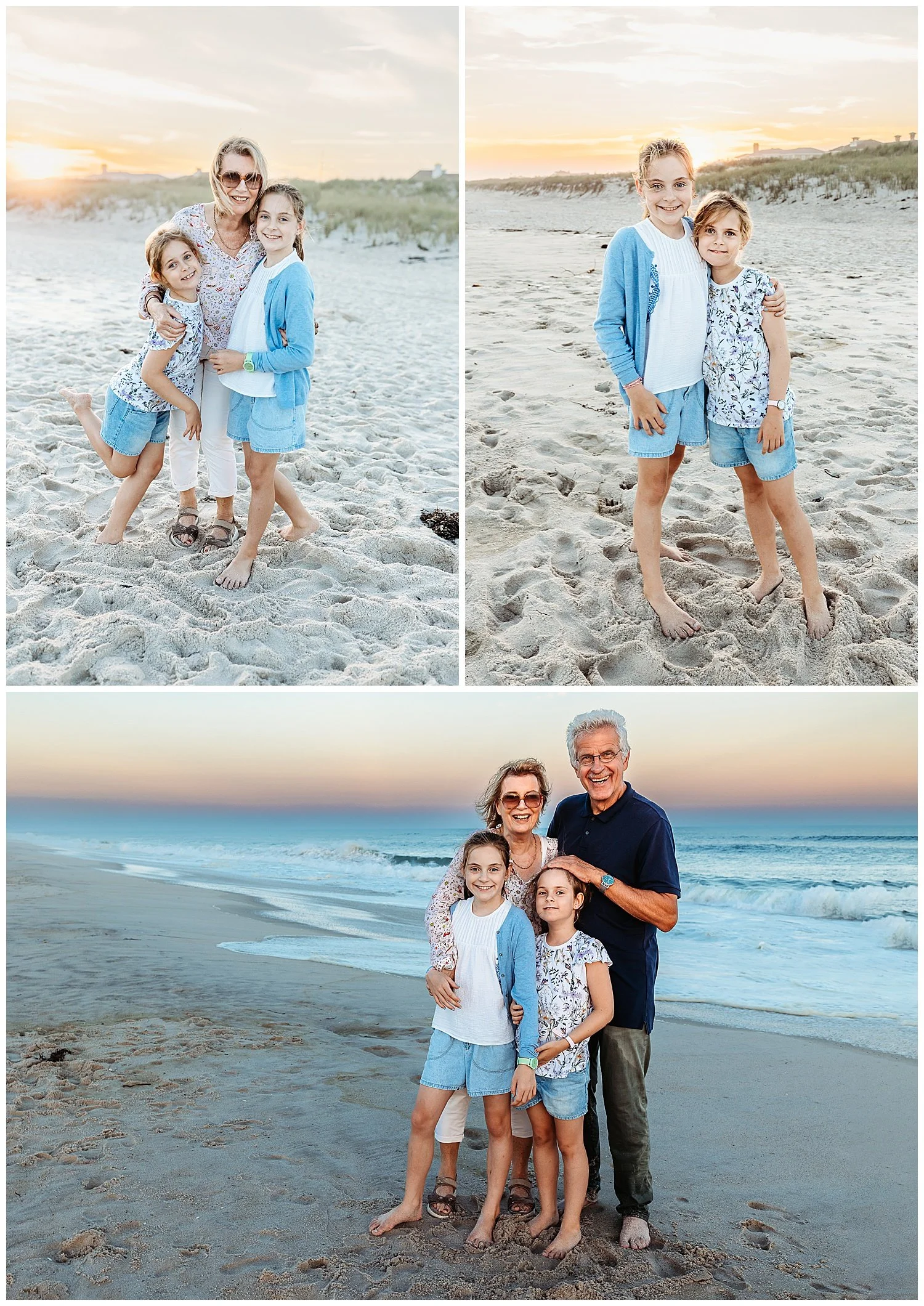 grandparents on the beach with granddaughters with cotton candy pink sky at sunset