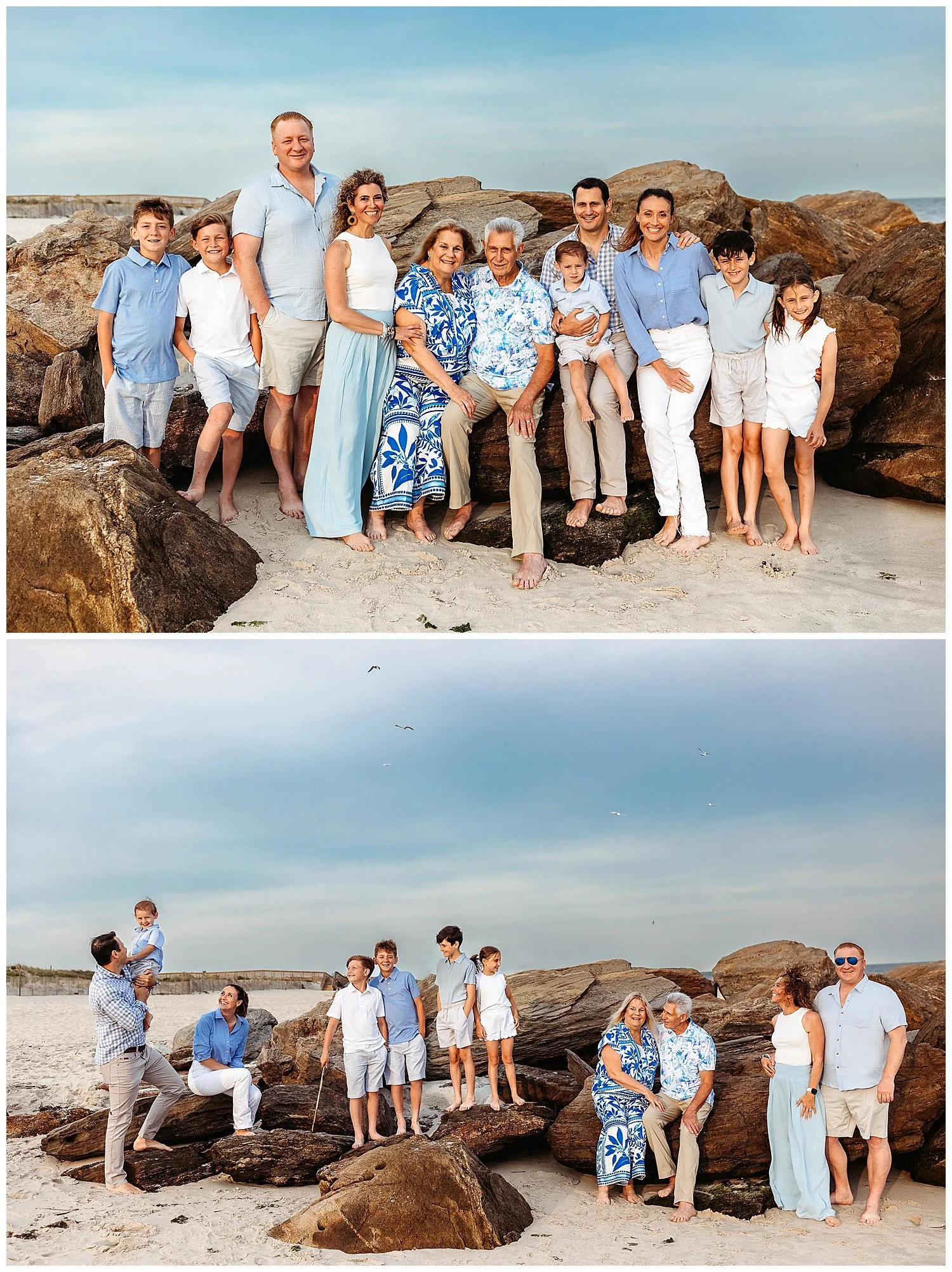 Three generations posing for beach portraits during a vacation in St. Augustine, FL."