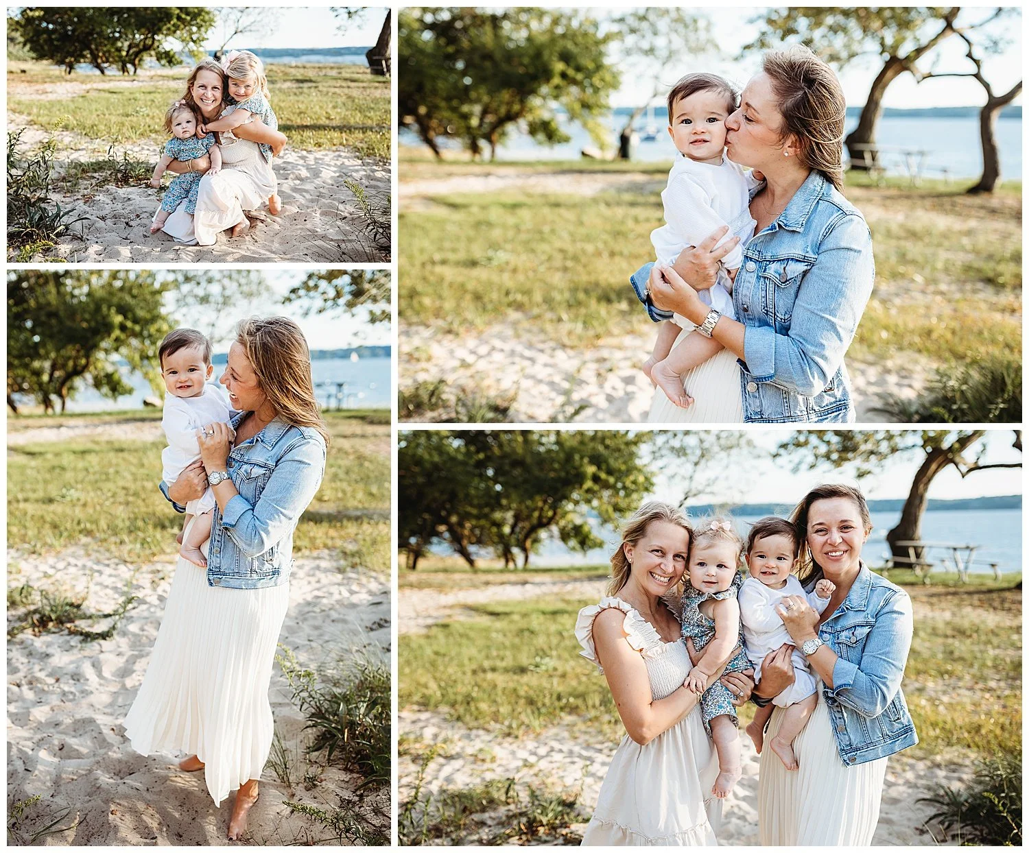 mothers with their children on the beach kissing them and grandma with daughters and grandaughters
