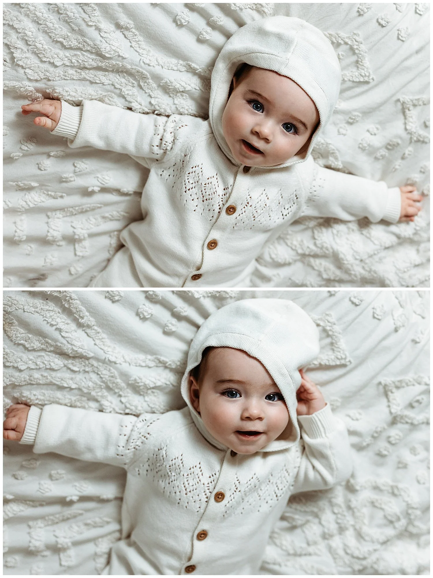 close up of baby in ivory knit jumper laying on a bed with hood on bright blue eyes