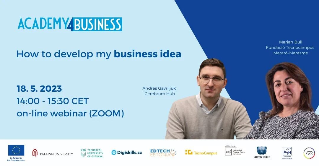 🤔How to develop my business idea? 
If this question keeps you up at night, join us, Cerebrum Hub and partners&amp;students from Estonia, Czech Republic, Spain, as well as Poland during the free Zoom webinar below. 👇

Thursday, 18.05 at 14:00 - 15:3