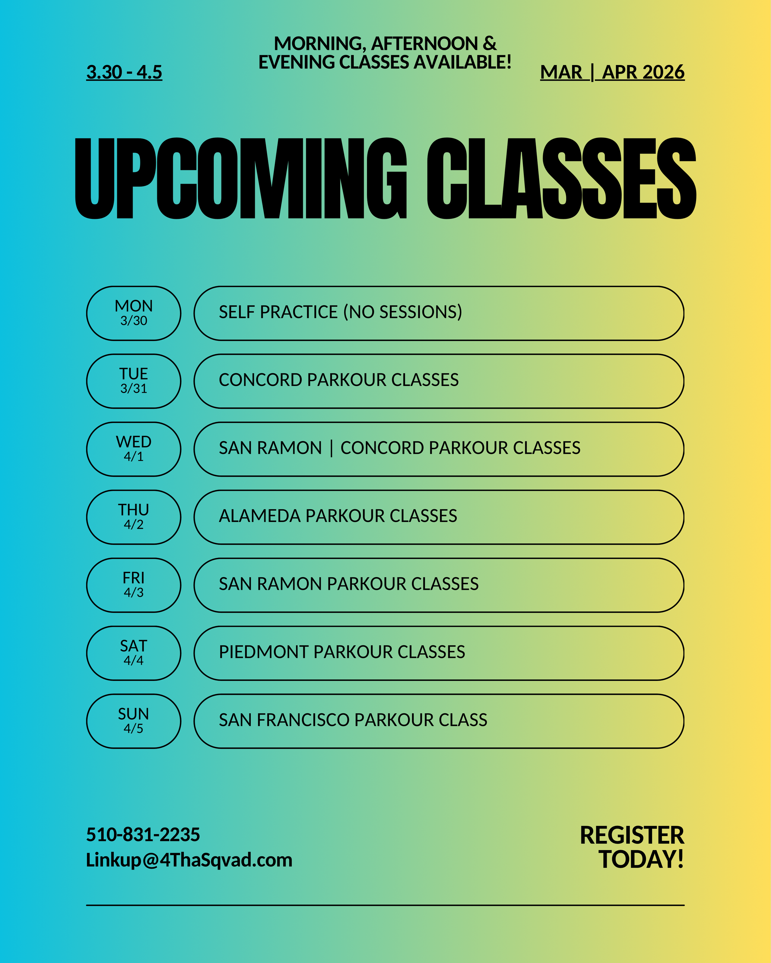 Mar 30 - Apr 5 Schedule