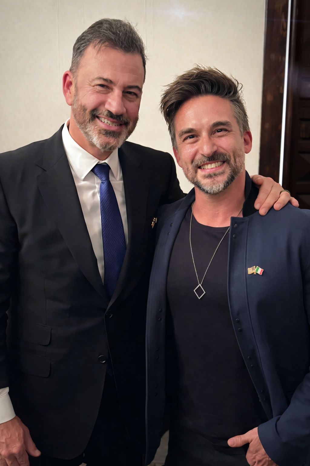 Riccardo Berdini and Jimmy Kimmel at an Italian event in Beverly Hills, Los Angeles, California.