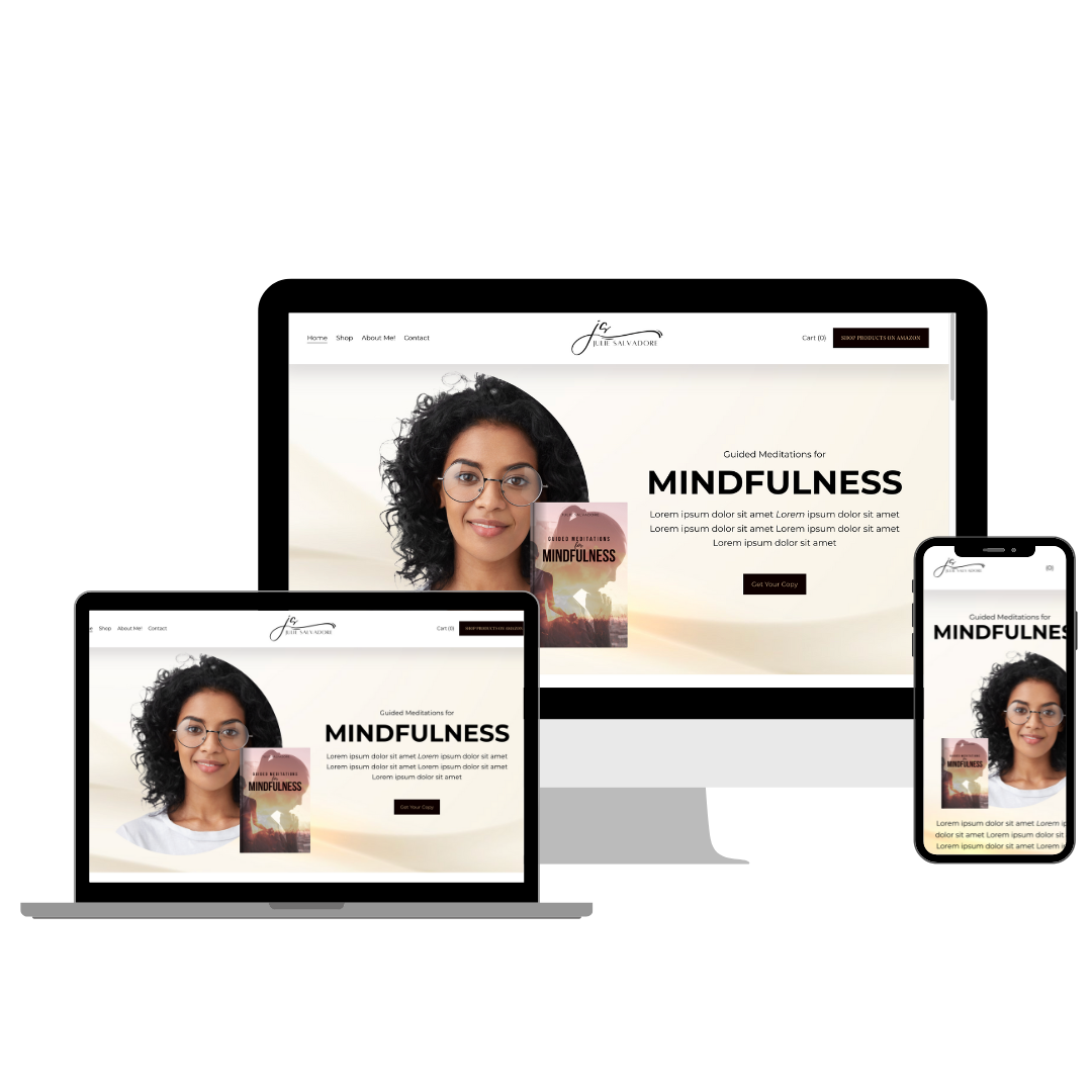 Responsive website displaying a woman with curly hair and glasses, promoting guided meditations for mindfulness, shown on a laptop, tablet, and smartphone.