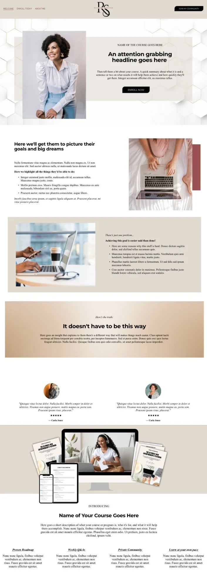 A webpage layout for an online course, featuring a smiling woman in a white shirt and light blue pants at the top, followed by sections with images of laptops, glasses, and a woman on a computer, including text blocks with headings and paragraphs about the course. There are additional images of a woman with a laptop and a woman on a computer at the bottom.