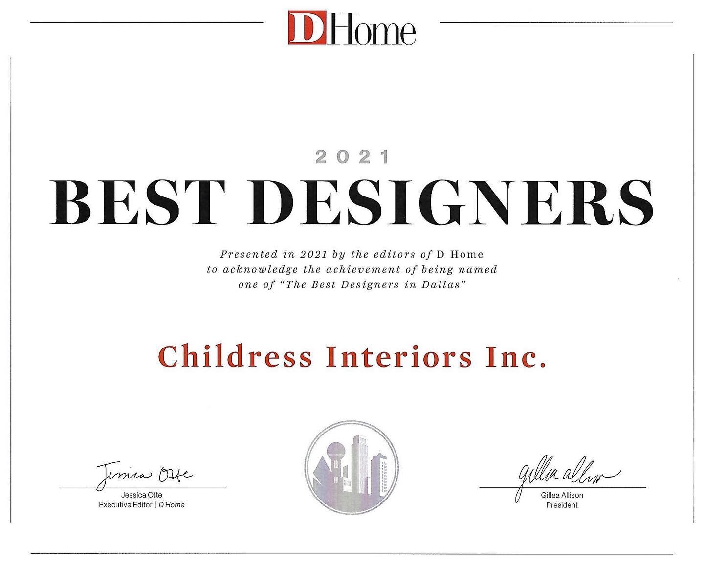 I am honored once again to be selected as a @DHome Best Designer for 2021! Thank you to our wonderful clients, design team, associates, and all who have been part of our continued success!
.
.
.
#childressinteriors #suzychildress #interiordesign #dho