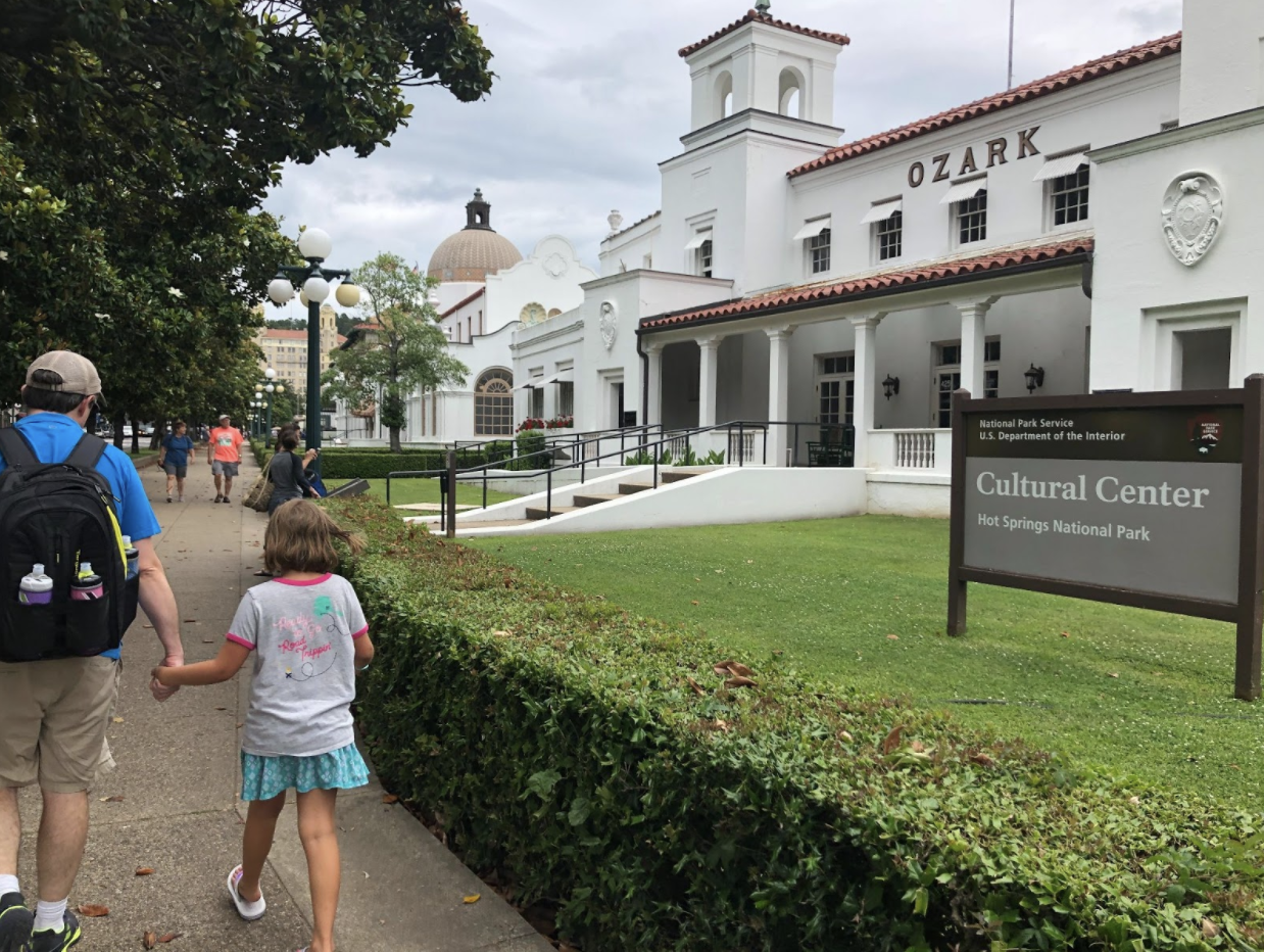 Walking down the row of bathhouses that make up Hot Springs National Park.&nbsp; Photo by Karen Boudreaux, June 17, 2019