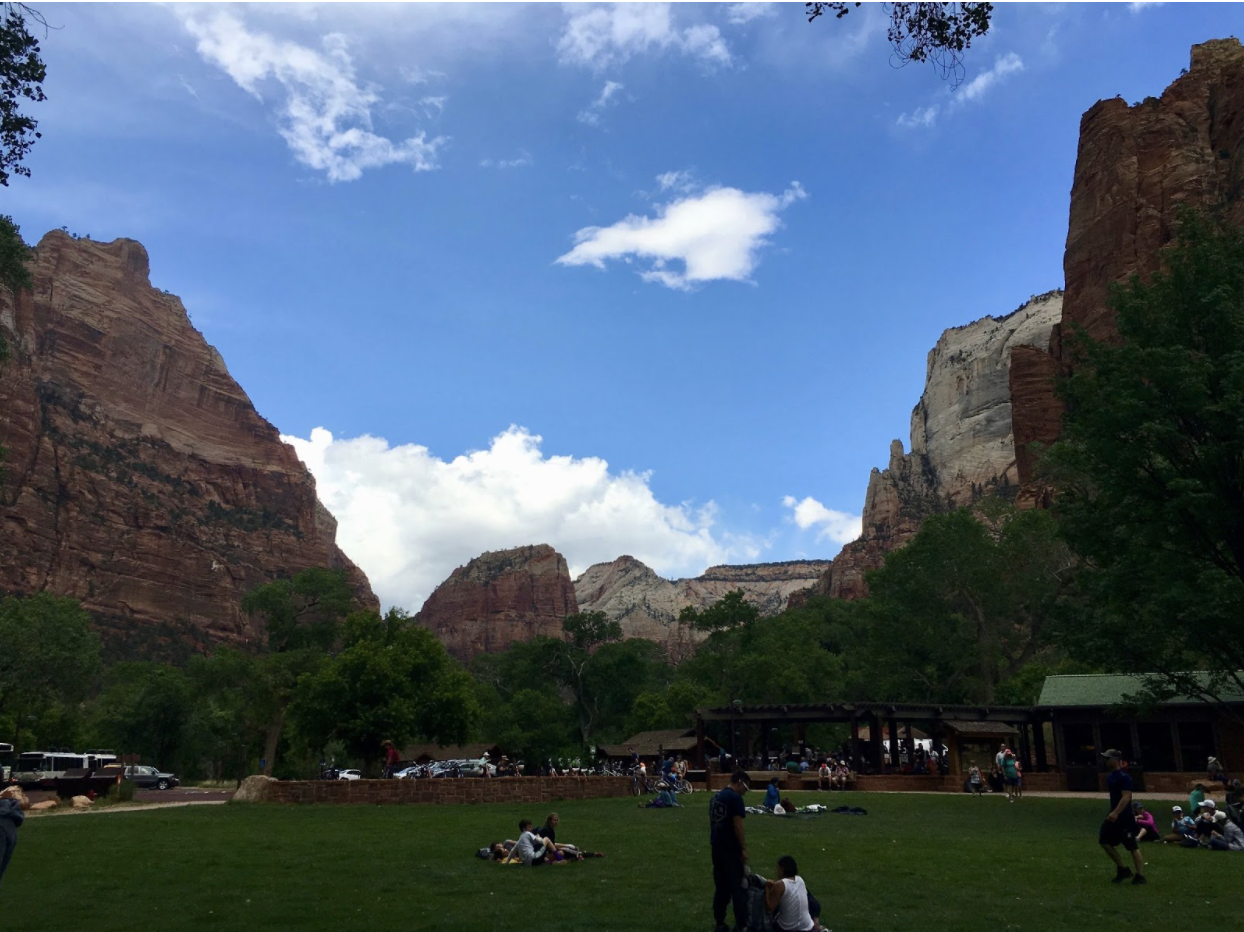 Nestled in Zion Canyon, the Zion Lodge is not only a great place to stay but a chance to shop for souvenirs or enjoy an ice cream cone on their vast lawn with other hikers.&nbsp; Photo by Karen Boudreaux, May 27, 2016&nbsp;&nbsp;