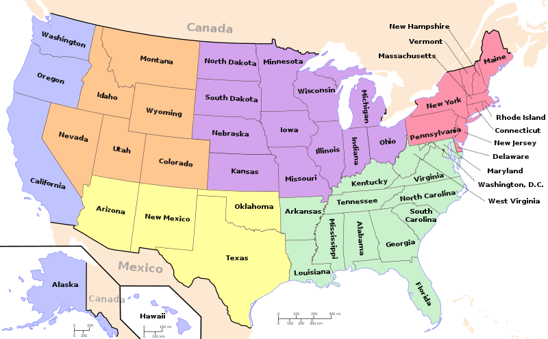 “Educational map of the United States of America for learning states names, color-coded by region intended for elementary school.” This file is licensed under the Creative Commons Attribution-Share Alike 3.0 Unported license.