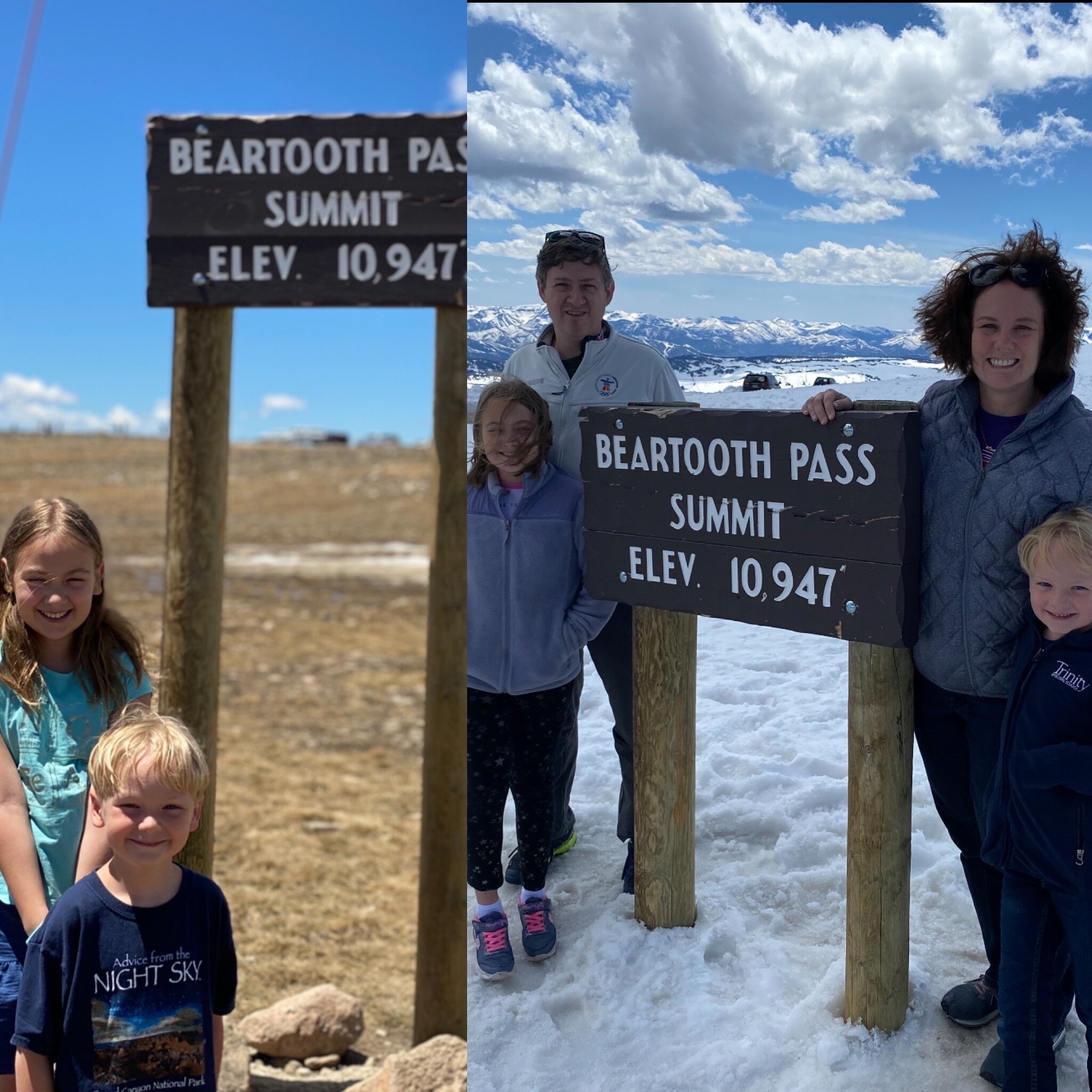 Comparisson of the kids (and us) at the Beartooth Pass Summit SAME SIGN.  On the left was last Summer, June 23, 2020.  This year on the right (standing on top of a few feet of snow!), May 29, 2021. (First photo by Karen Boudreaux, Second photo by friendly German couple now living in Minnesota… Thank you!)