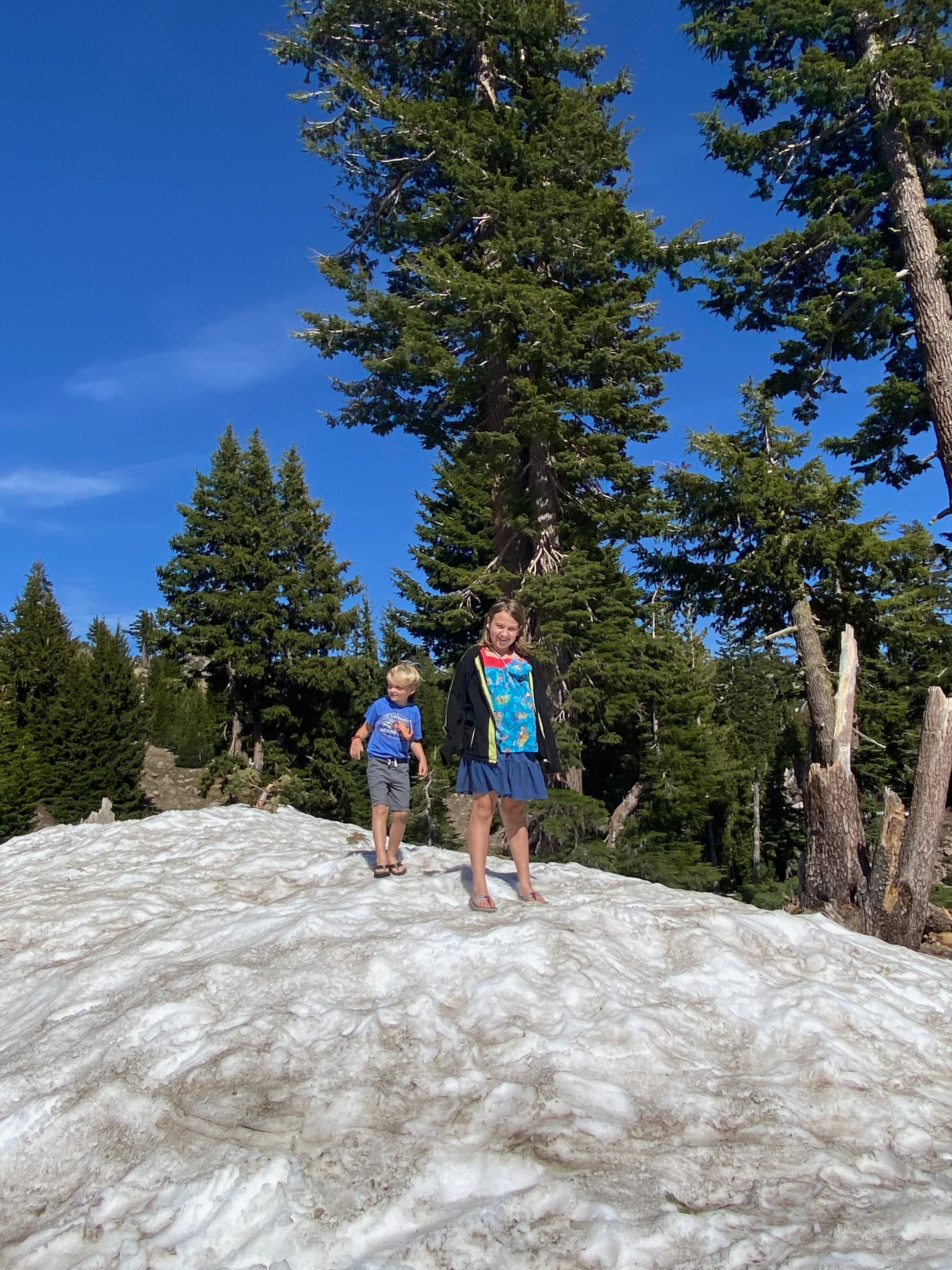 The kids were thrilled to see the snow and we couldn’t hold them back from getting out on to it briefly.  Photo by Karen Boudreaux, June 5, 2021