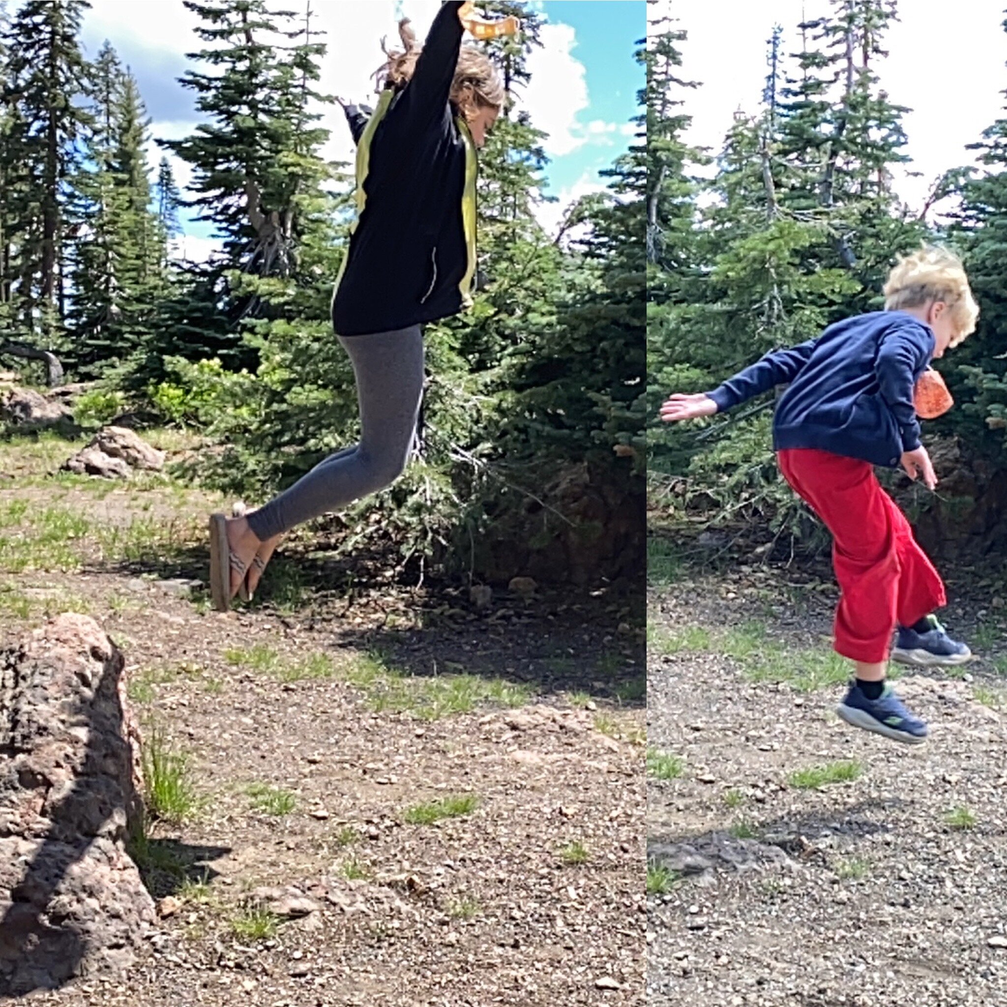 Kids letting out energy and enjoying exploring and jumping around Lassen Volcanic National Park.  Photos by Karen Boudreaux, June 8, 2021