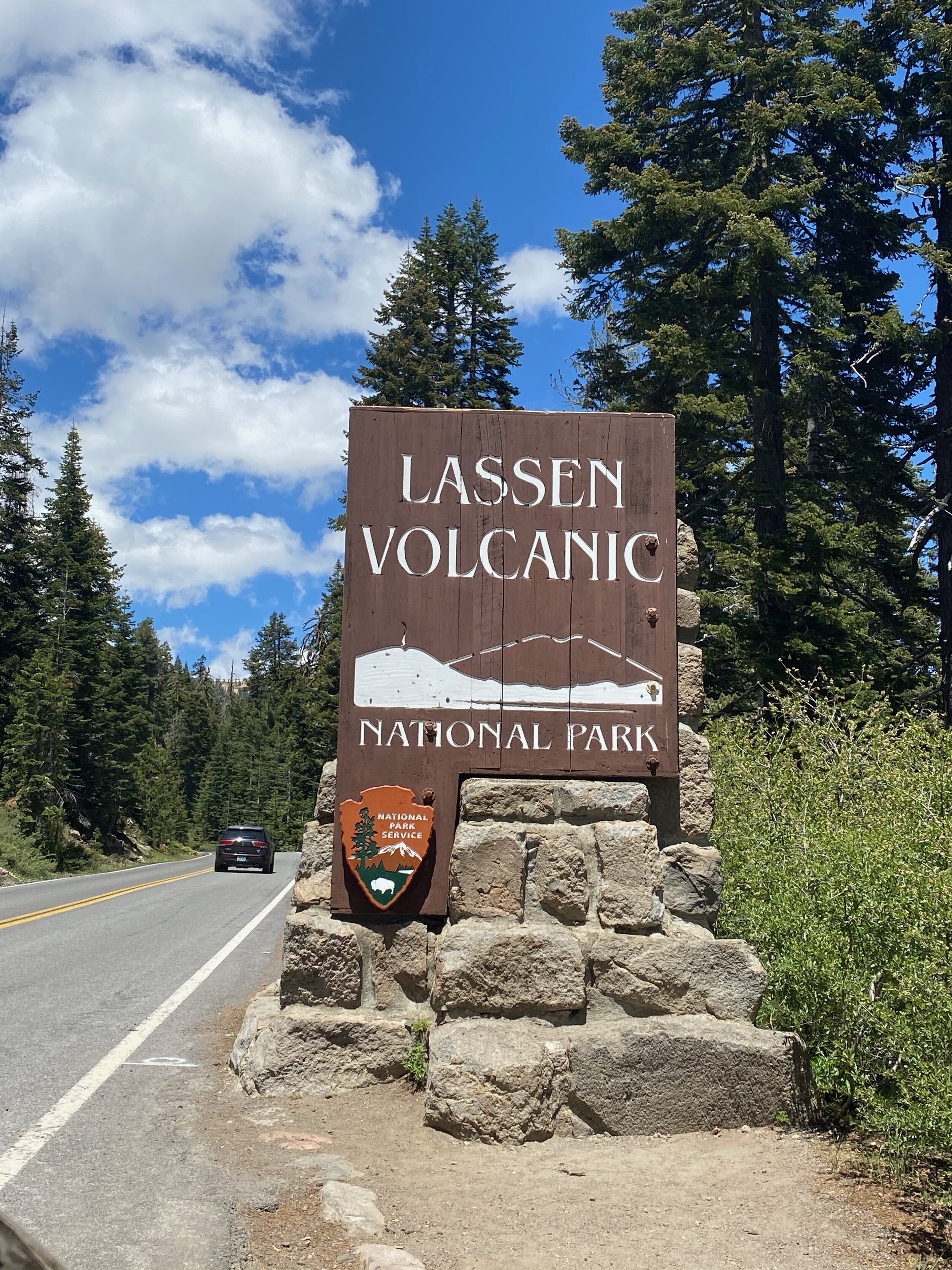 One of the welcome signs for Lassen Volcanic.  Photo by Karen Boudreaux, June 8, 2021