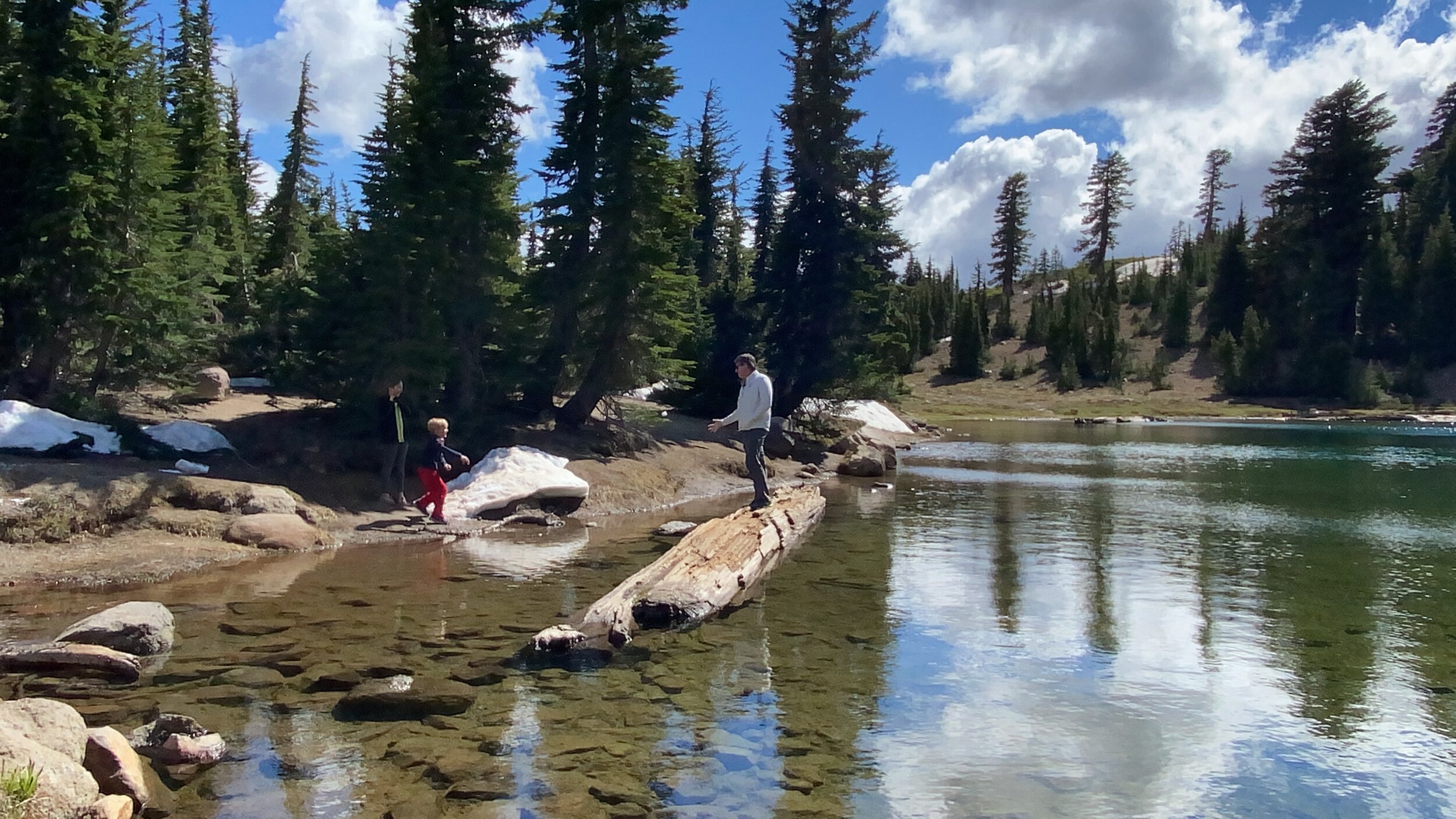 Daddy climbs out onto a downed tree and catches the snowballs Popcorn has been anxious to throw at him.  All on beautiful and clear Emerald Lake.  Photo by Karen Boudreaux, June 8, 2021