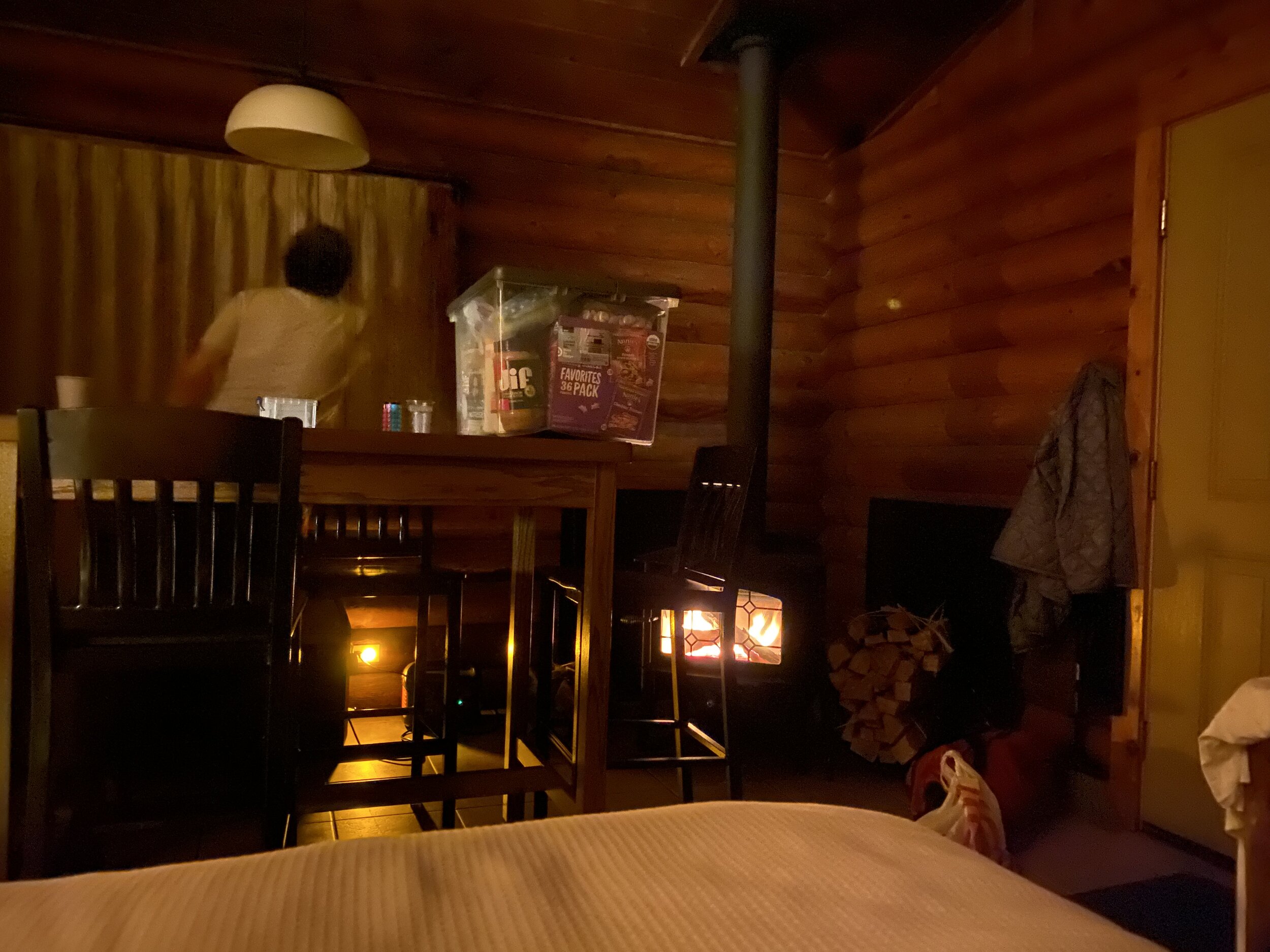 Our awesome fireplace in our cabin at Kalaloch.  Photo (and fire) by Karen Boudreaux, June 15, 2021