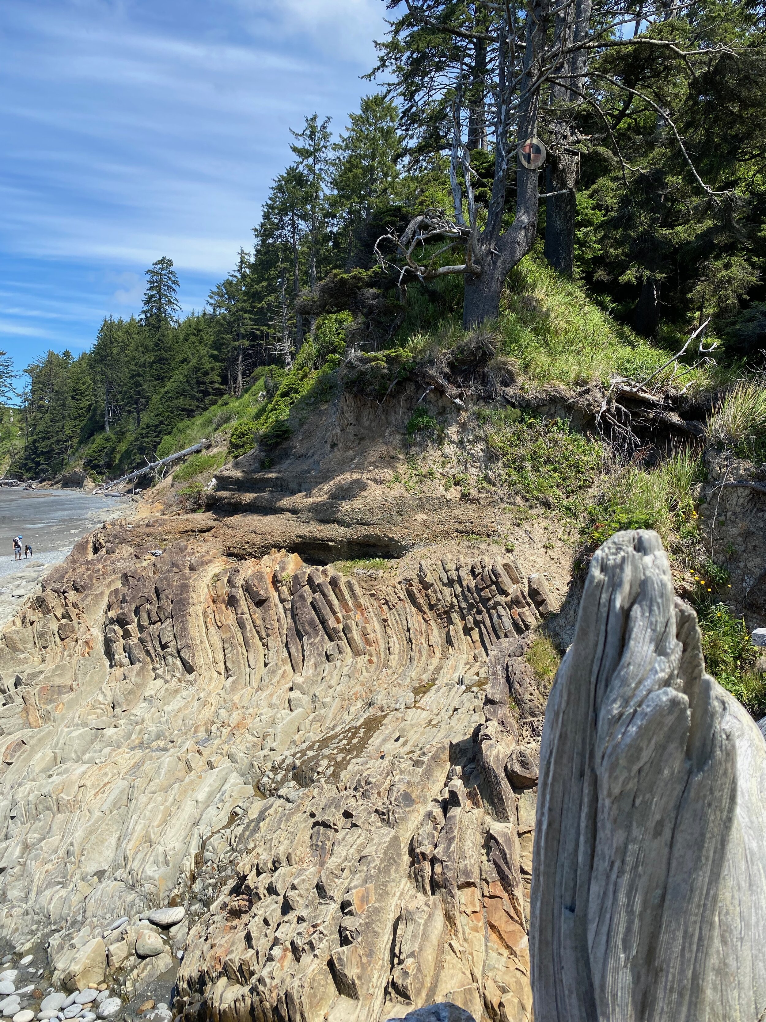The vertical tilted rocks of Beach 4.  Photo by Karen Boudreaux, June 16, 2021
