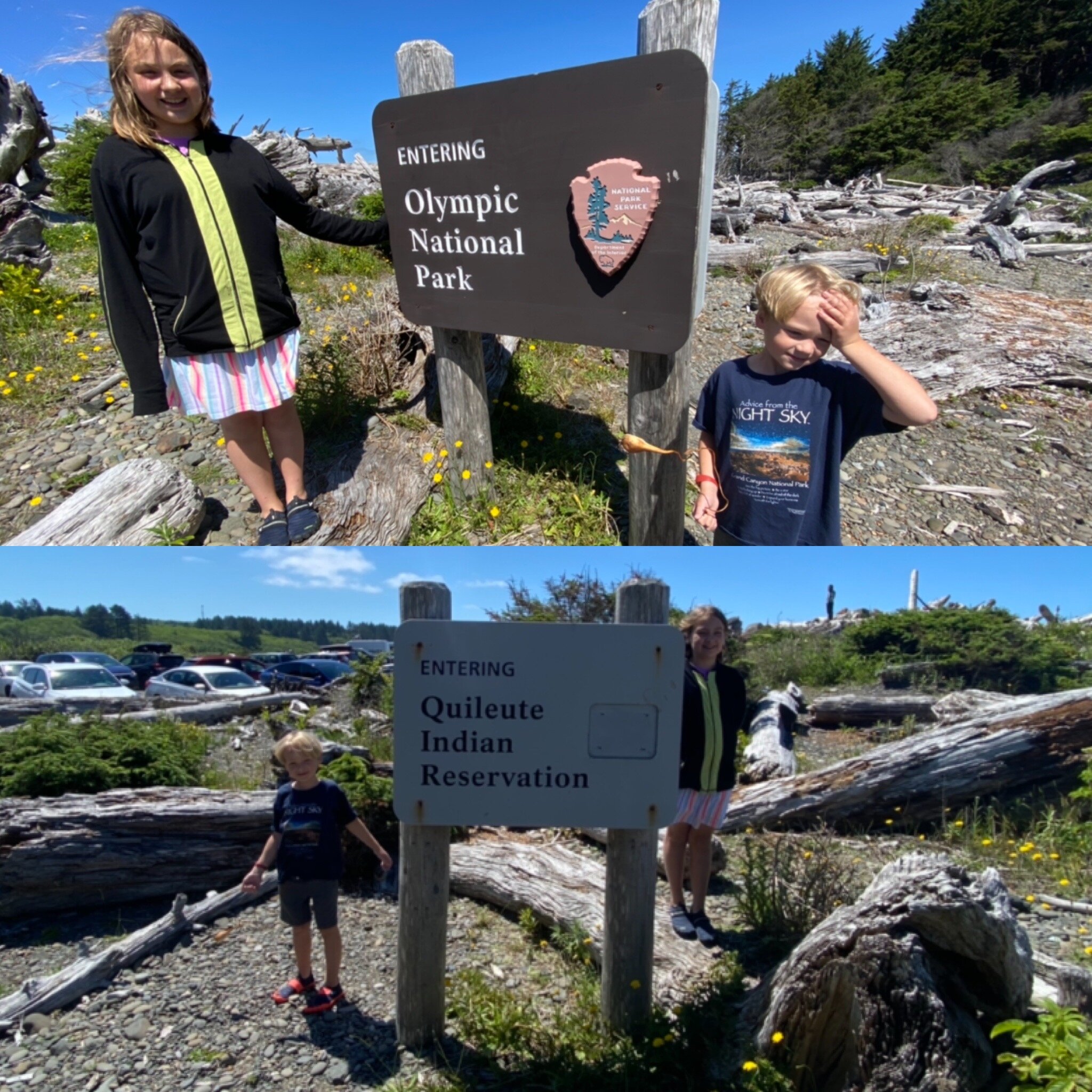Kids taking pictures on either side of the same sign showing the border between Olympic National Park and the Quileute Indian Reservation.  Photo by Karen Boudreaux, June 17, 2021