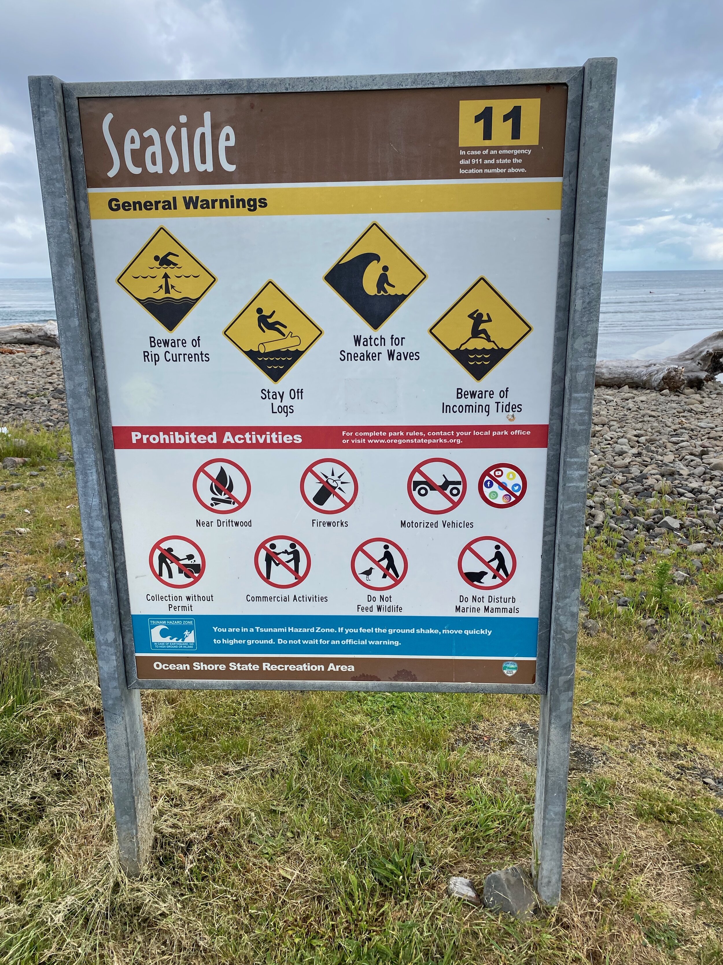 Great warning signs at beaches along the ocean, a bit different from the Gulf of Mexico beaches we are used to.  (All photos here taken by Karen Boudreaux, June 15, 2021)