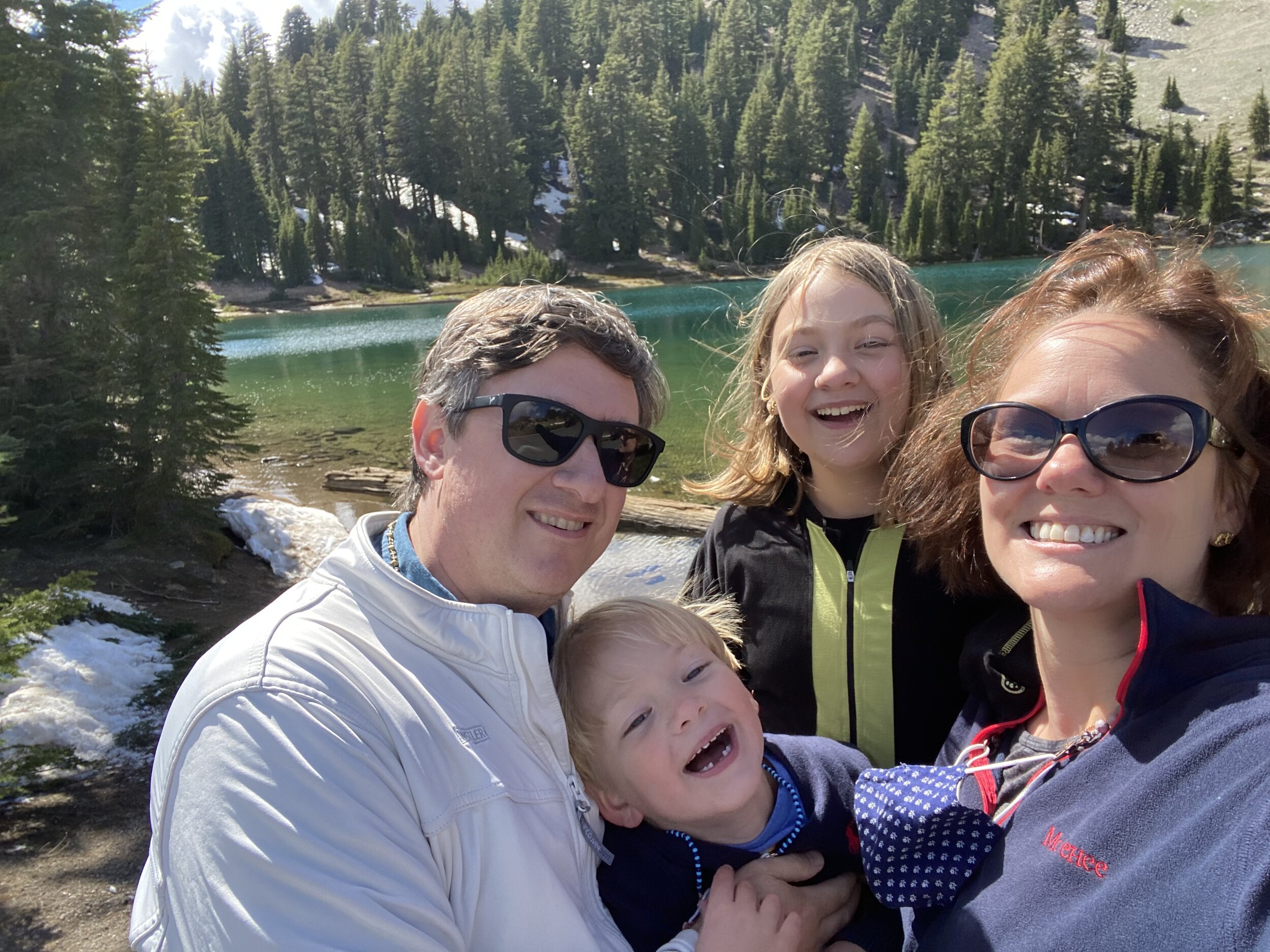 Family selfie in front of Emerald Lake, by Karen Boudreaux, June 8, 2021