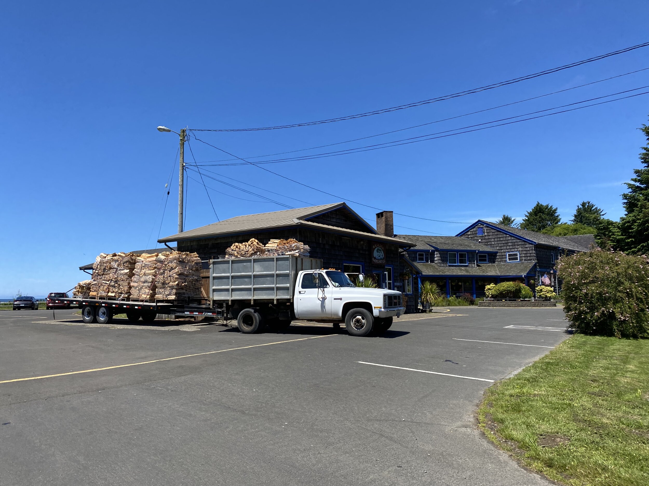 The wood for all the awesome fireplaces being delivered at Kalaloch Lodge