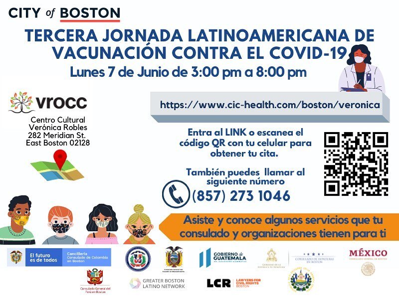 &iquest;necesitan su  vacuna contra COVID-19? Llame al 857.273.1046 para apuntarse o vengan de 3-8 lunes, 7 de junio y atenderemos a su familia. Acu&eacute;rdense que los ni&ntilde;os de 12 a&ntilde;os en adelante tambi&eacute;n pueden recibir  la va