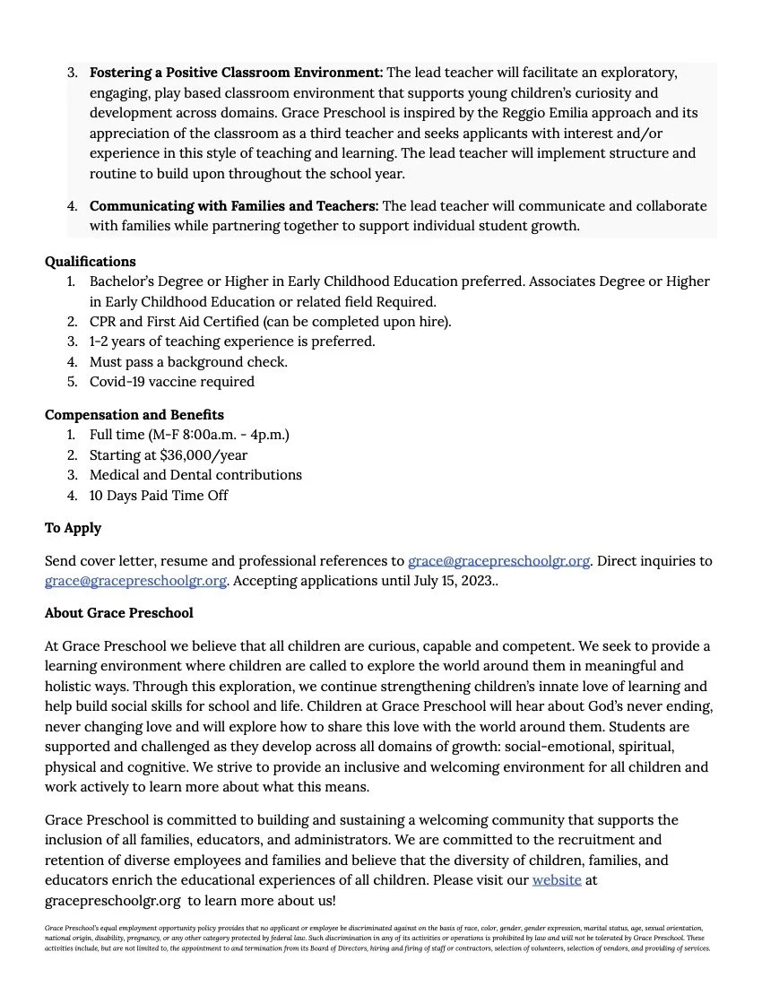 Job Openings — Grace Preschool