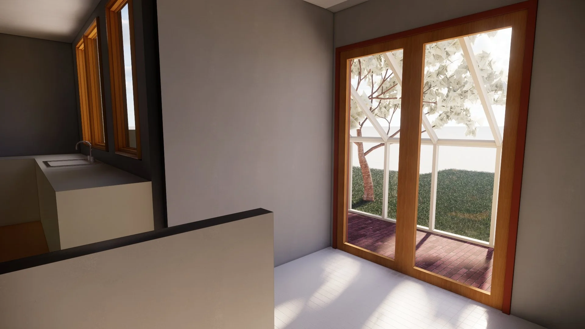 A new door off the kitchen creates an easy connection to the back patio and yard.