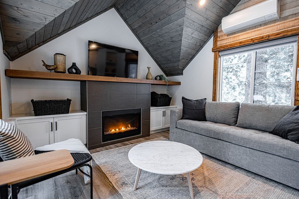 Apex living room with a sofa, a round coffee table and a fireplace below the TV