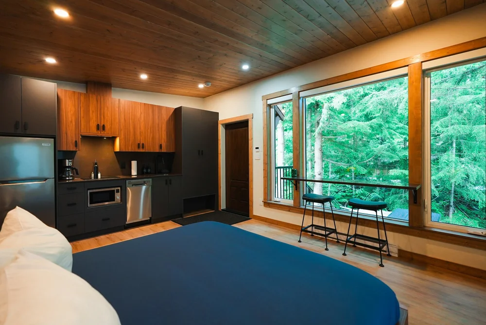 Inside a Nest cabin: wood ceiling, a kitchen with stools at the counter and big windows onto the forest