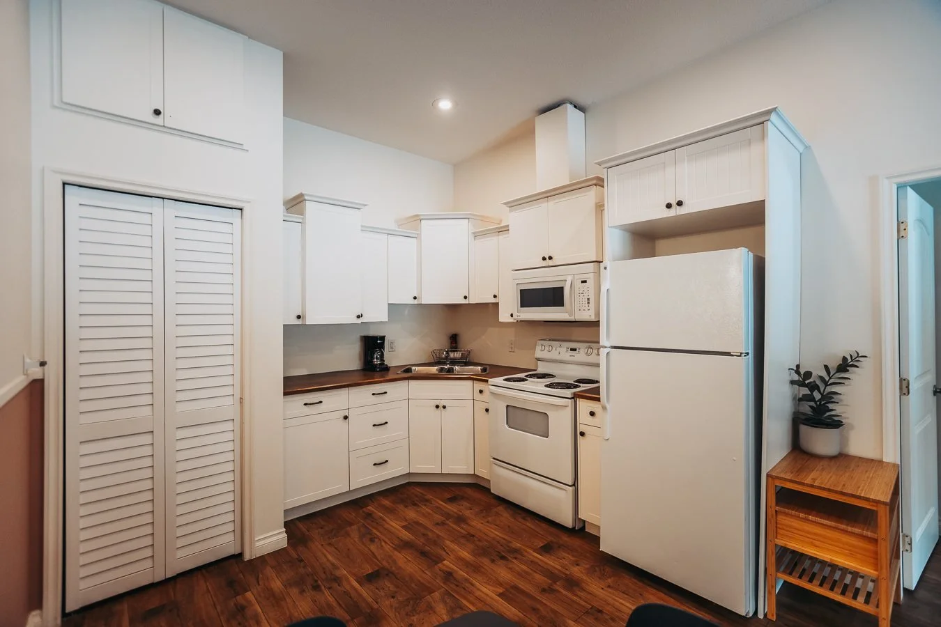 Hatchery suite kitchen with white cabinets and a full-size fridge