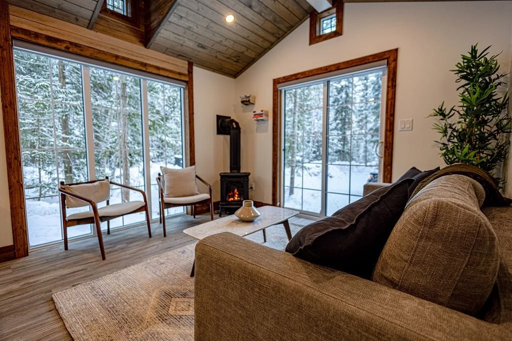 Elkhorn living room with a sofa, an armchair and big windows onto the snowy forest