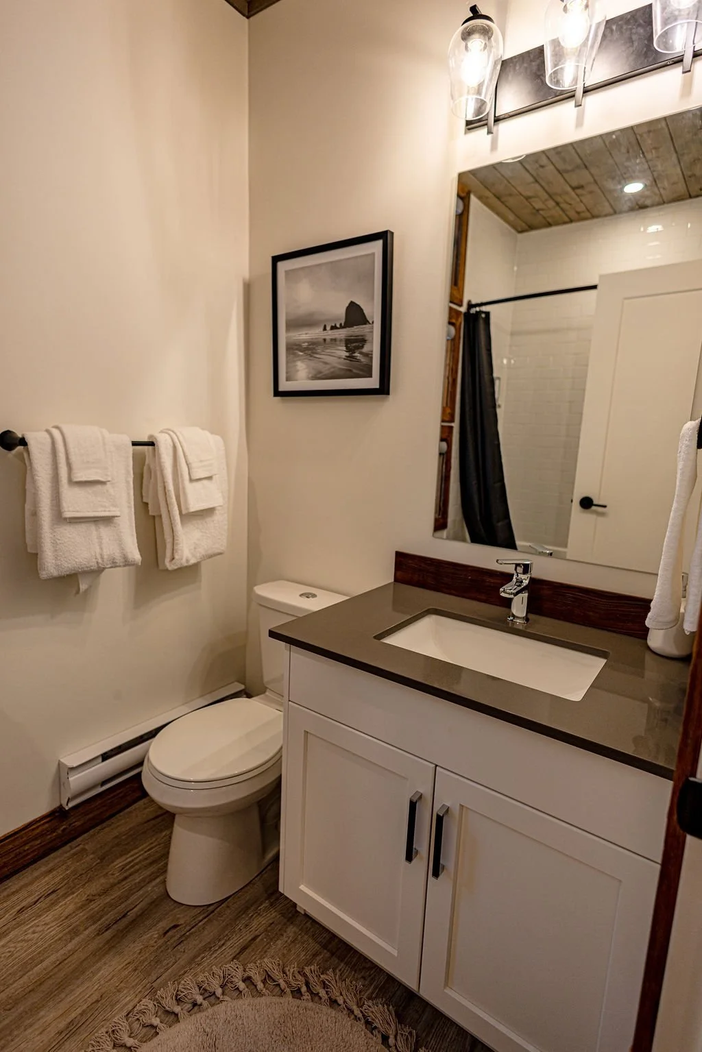 Elkhorn bathroom with a white vanity and framed art
